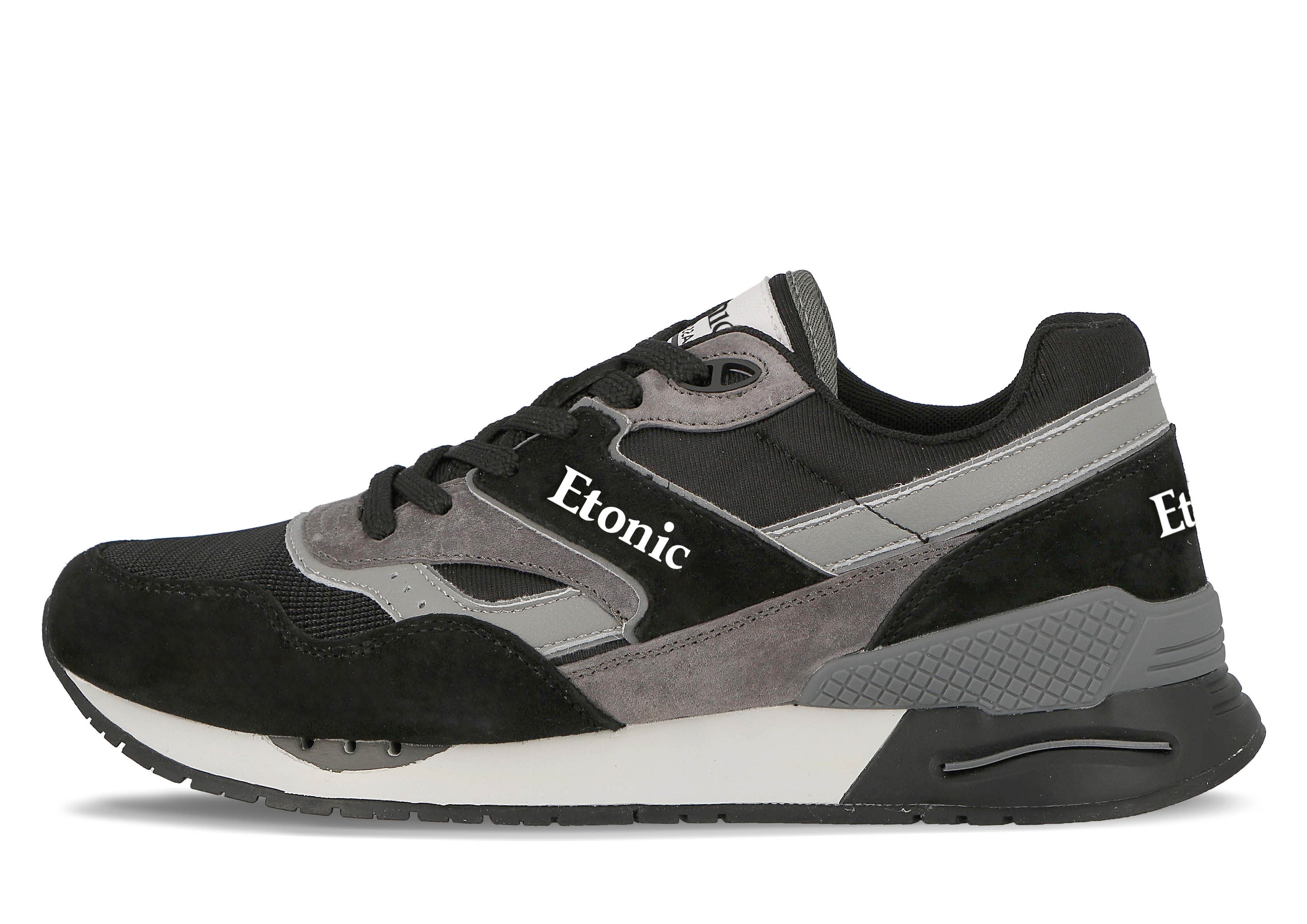Etonic Stable Base sneakers in black mesh fabric and suede with multi-layer grey leather inserts