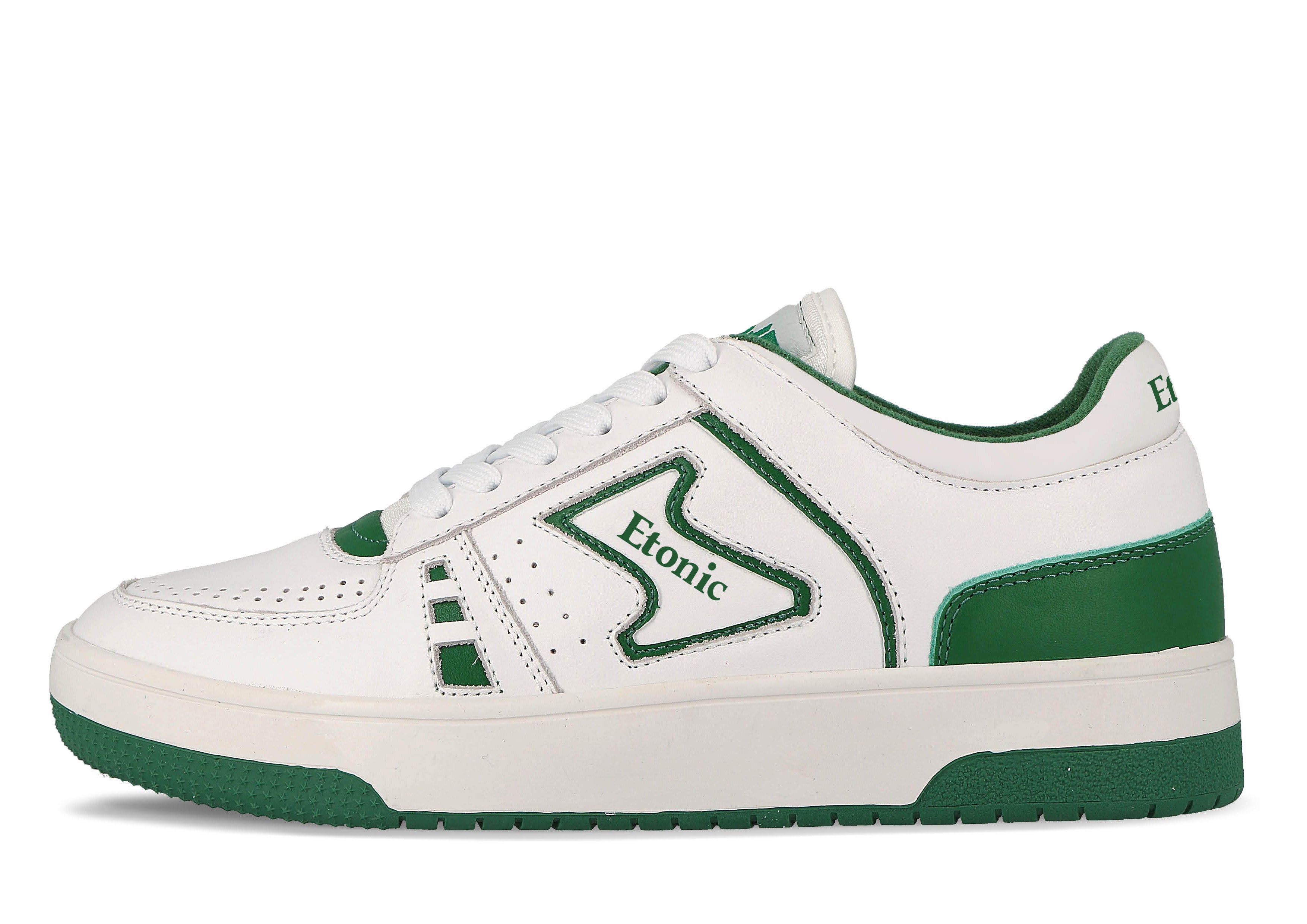 Baskets Etonic B509 en cuir blanc avec col en toile blanche et détails vert gazon