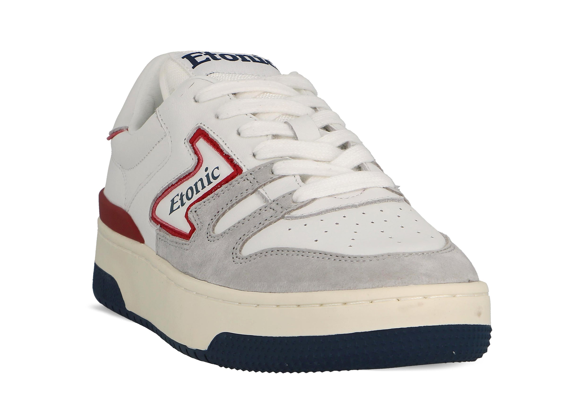 Baskets Etonic B481 en cuir blanc et daim gris clair avec empiècements et détails rouge écarlate