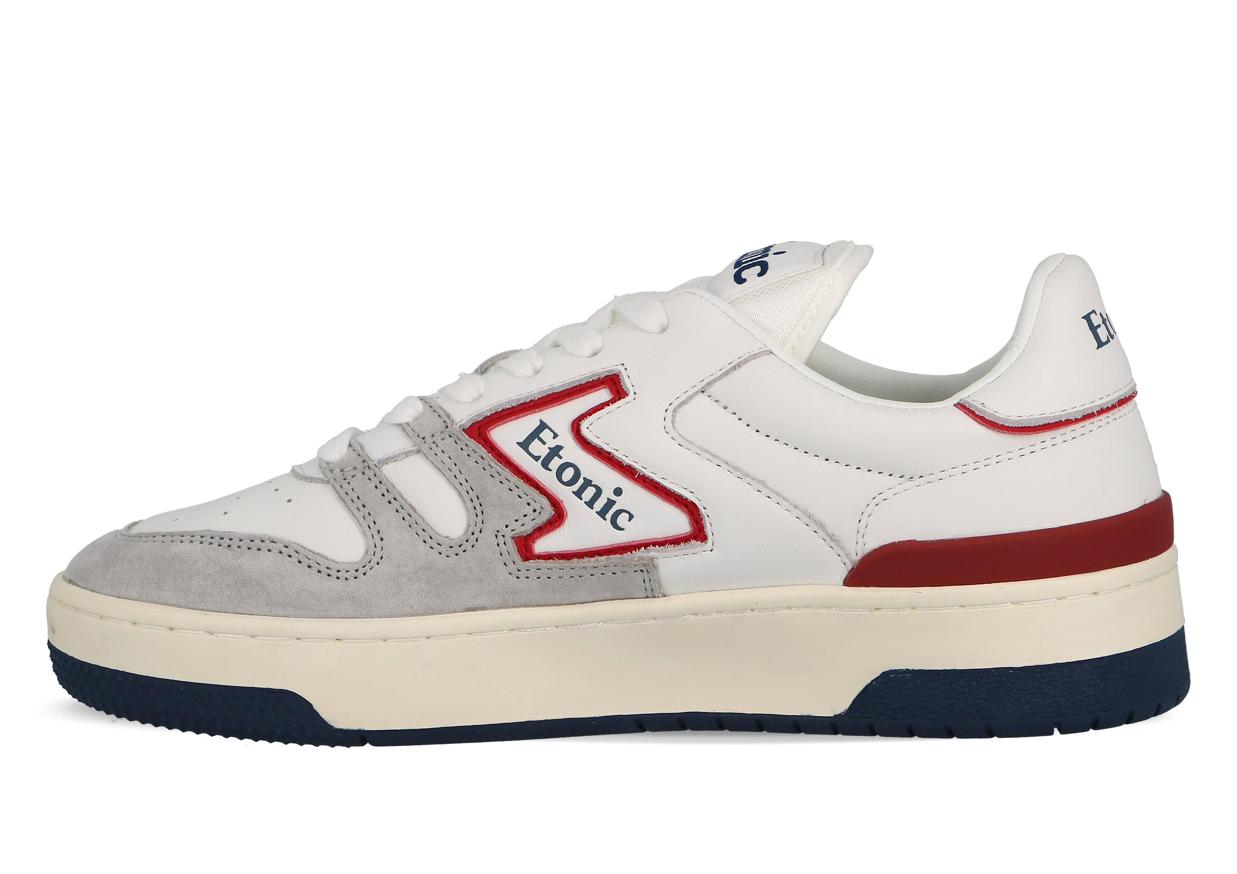 Baskets Etonic B481 en cuir blanc et daim gris clair avec empiècements et détails rouge écarlate