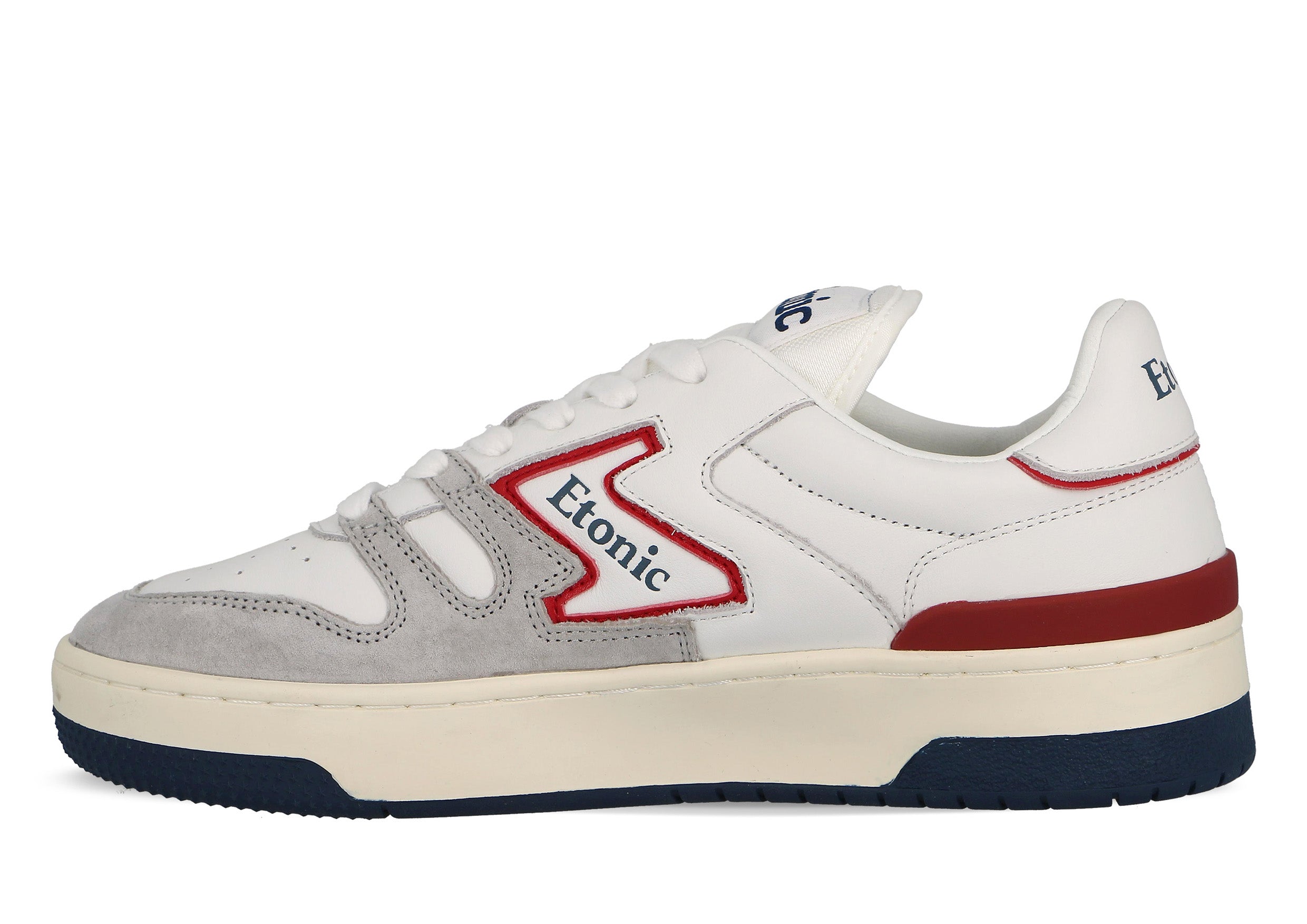 Sneakers Etonic B481 in pelle bianca e camoscio grigio chiaro con inserti e dettagli rosso scarlatto