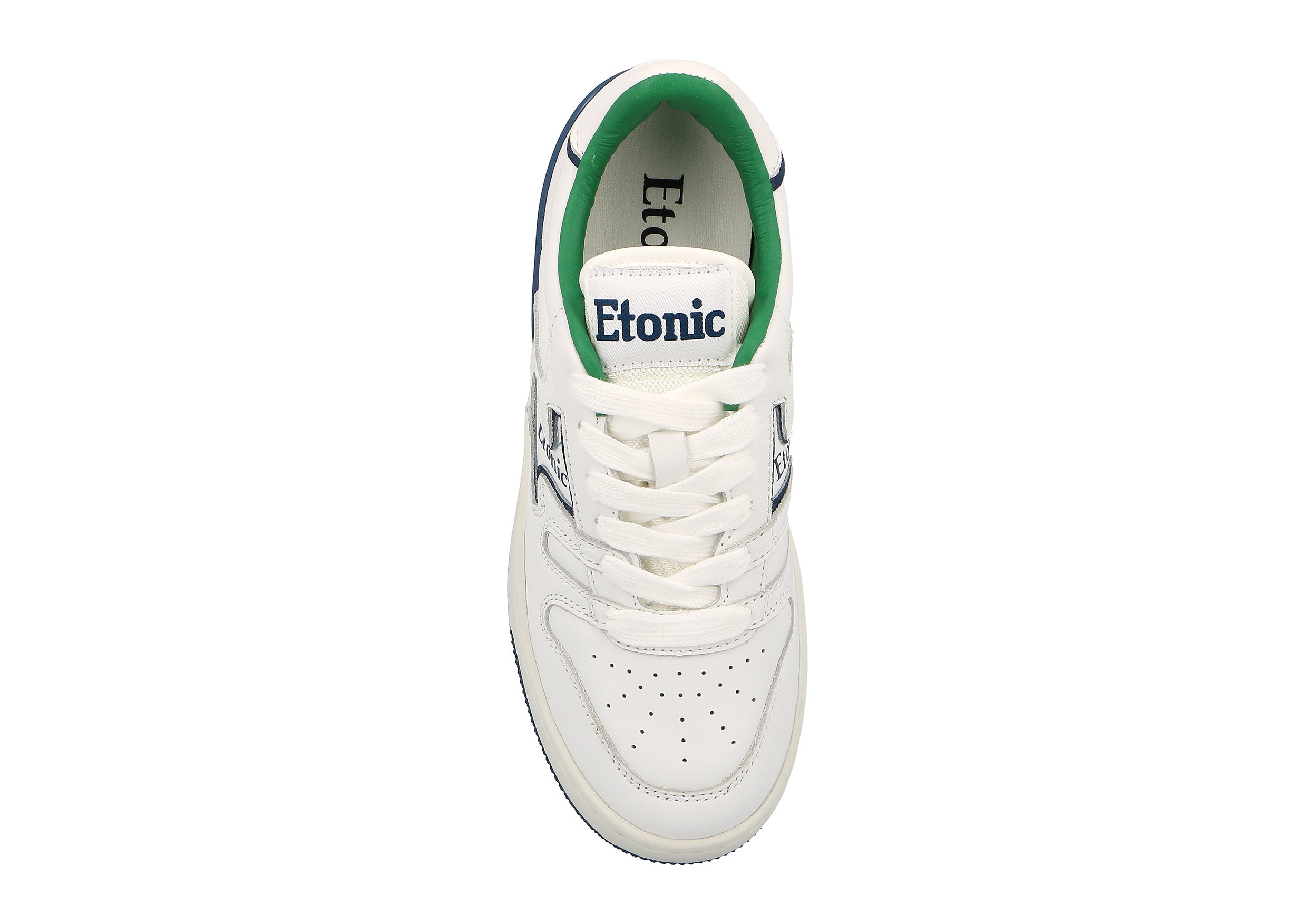 Sneakers Etonic B481 in pelle bianca con dettagli blu navy, fodera verde e intersuola bianca con suola inferiore blu navy.