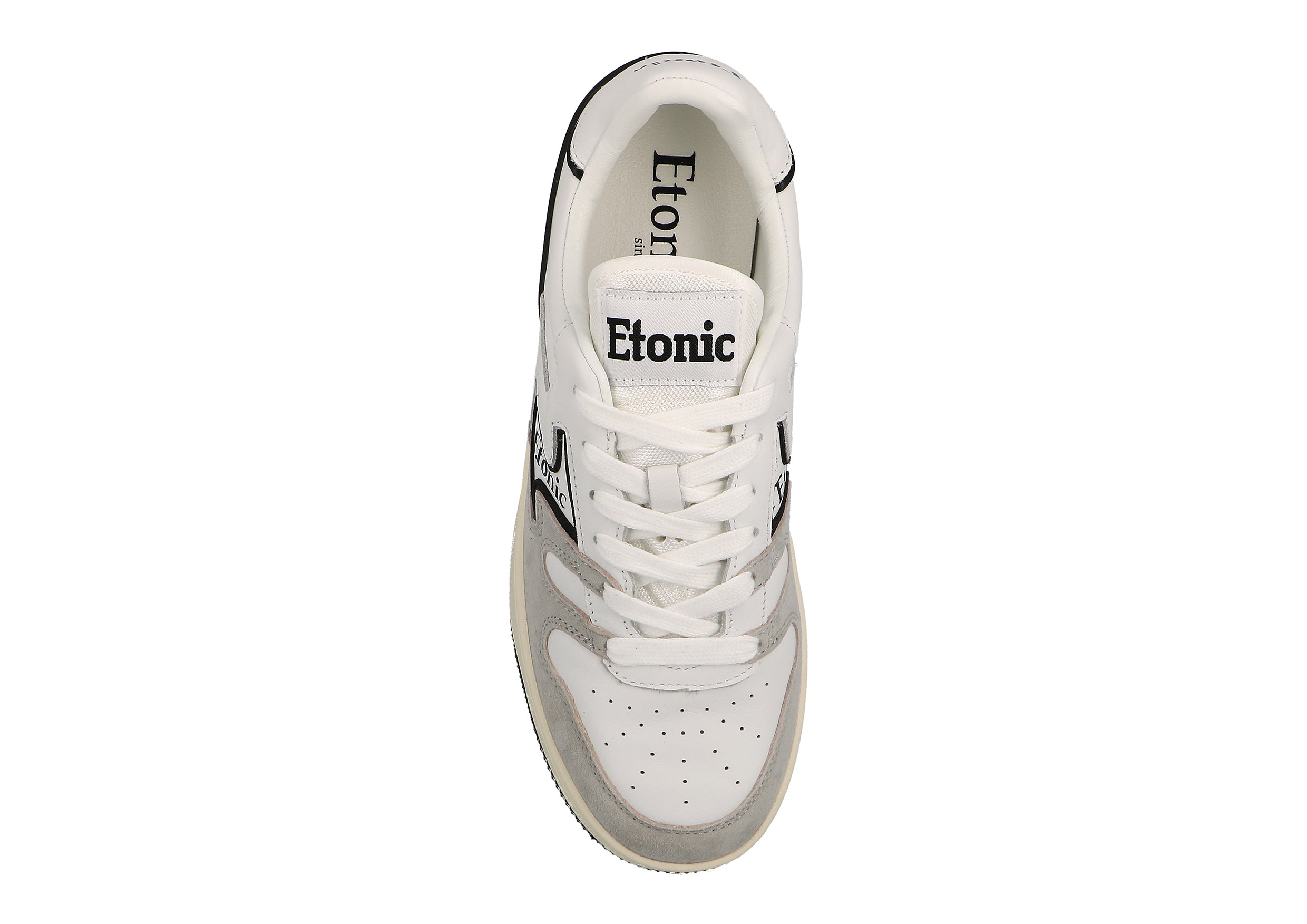Sneakers Etonic B481 in pelle bianca e camoscio grigio chiaro con inserti e dettagli neri.