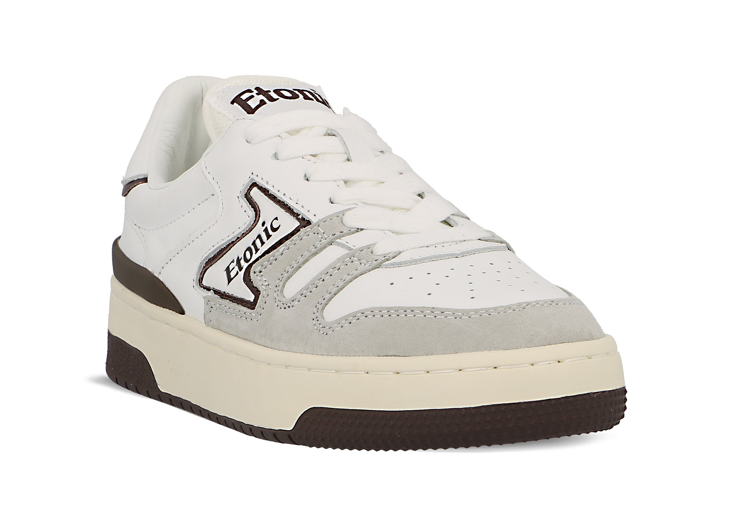 Sneakers Etonic B481 in pelle bianca e camoscio grigio chiaro con inserti e dettagli marroni.