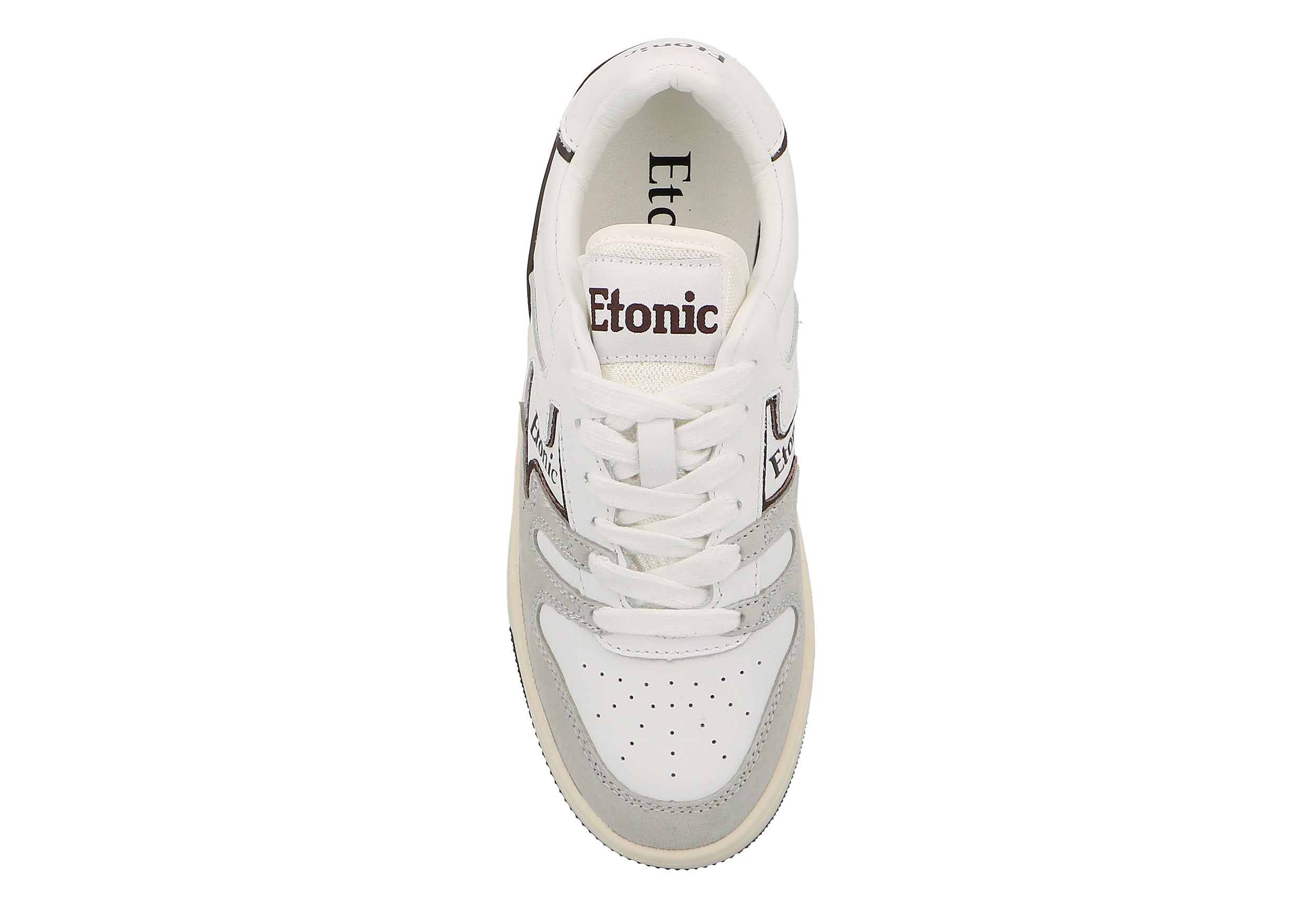 Sneakers Etonic B481 in pelle bianca e camoscio grigio chiaro con inserti e dettagli marroni.