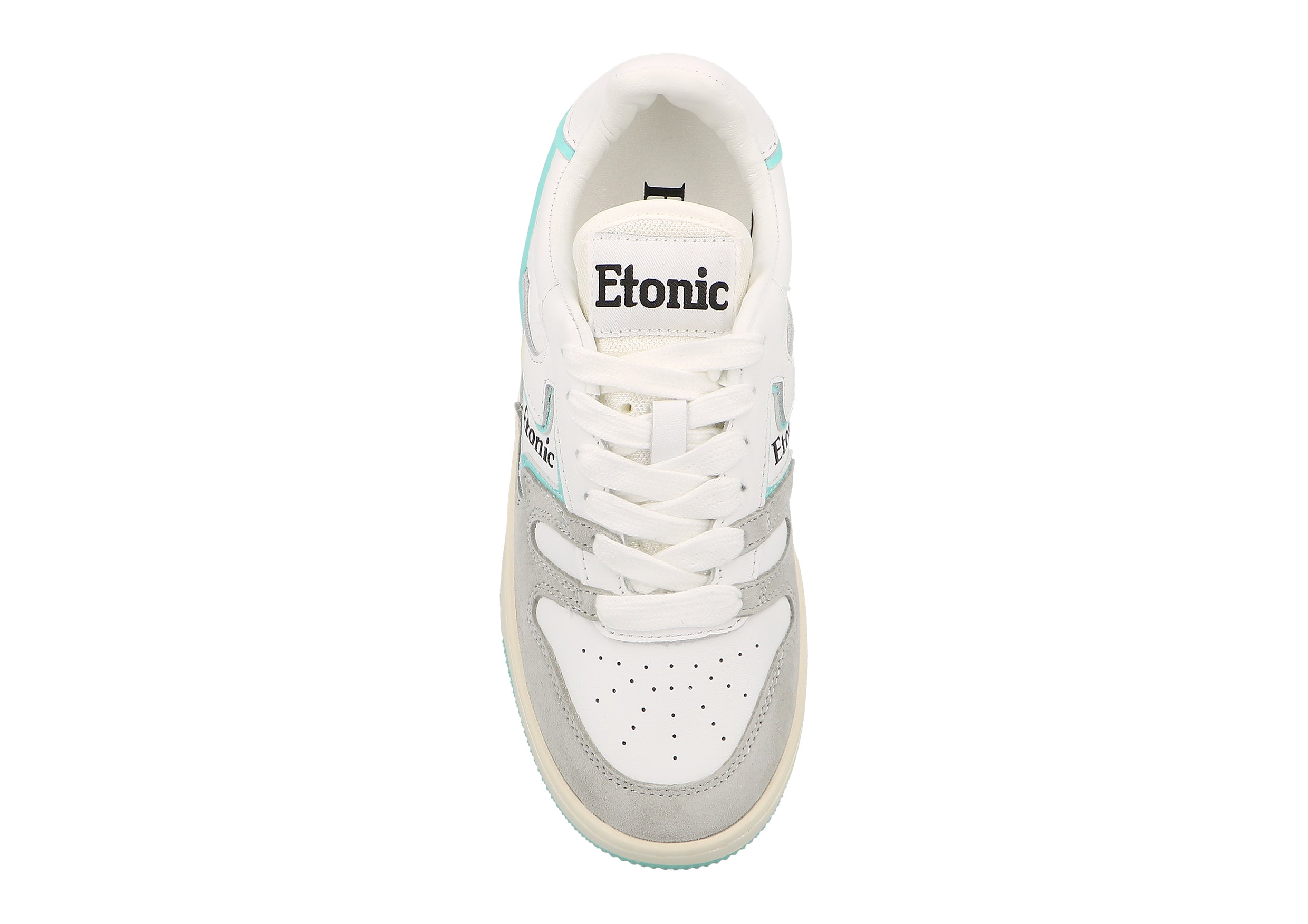 Sneakers Etonic B481 in pelle bianca e camoscio grigio chiaro con inserti e dettagli blu turchese.