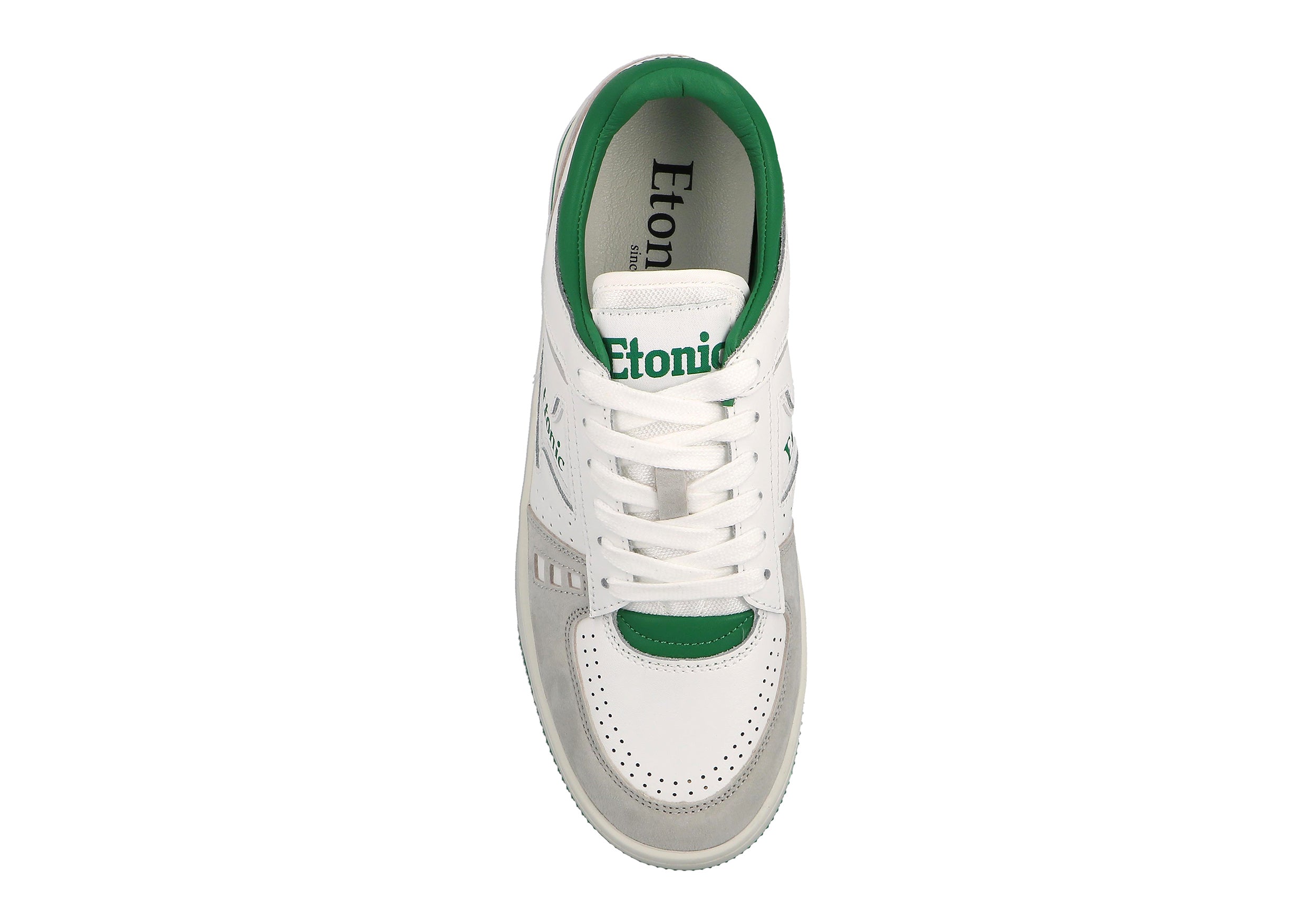 Sneakers Etonic B509 in pelle bianca, camoscio grigio chiaro, dettagli verdi e suola bianco sporco.