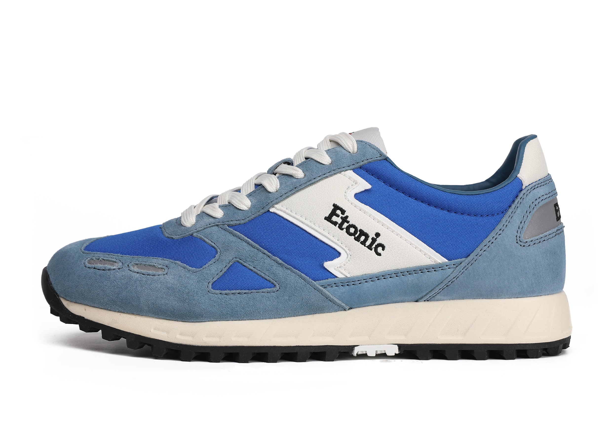 Runners Etonic PR538 in suede blu ottanio, nylon blu elettrico e dettagli neri.