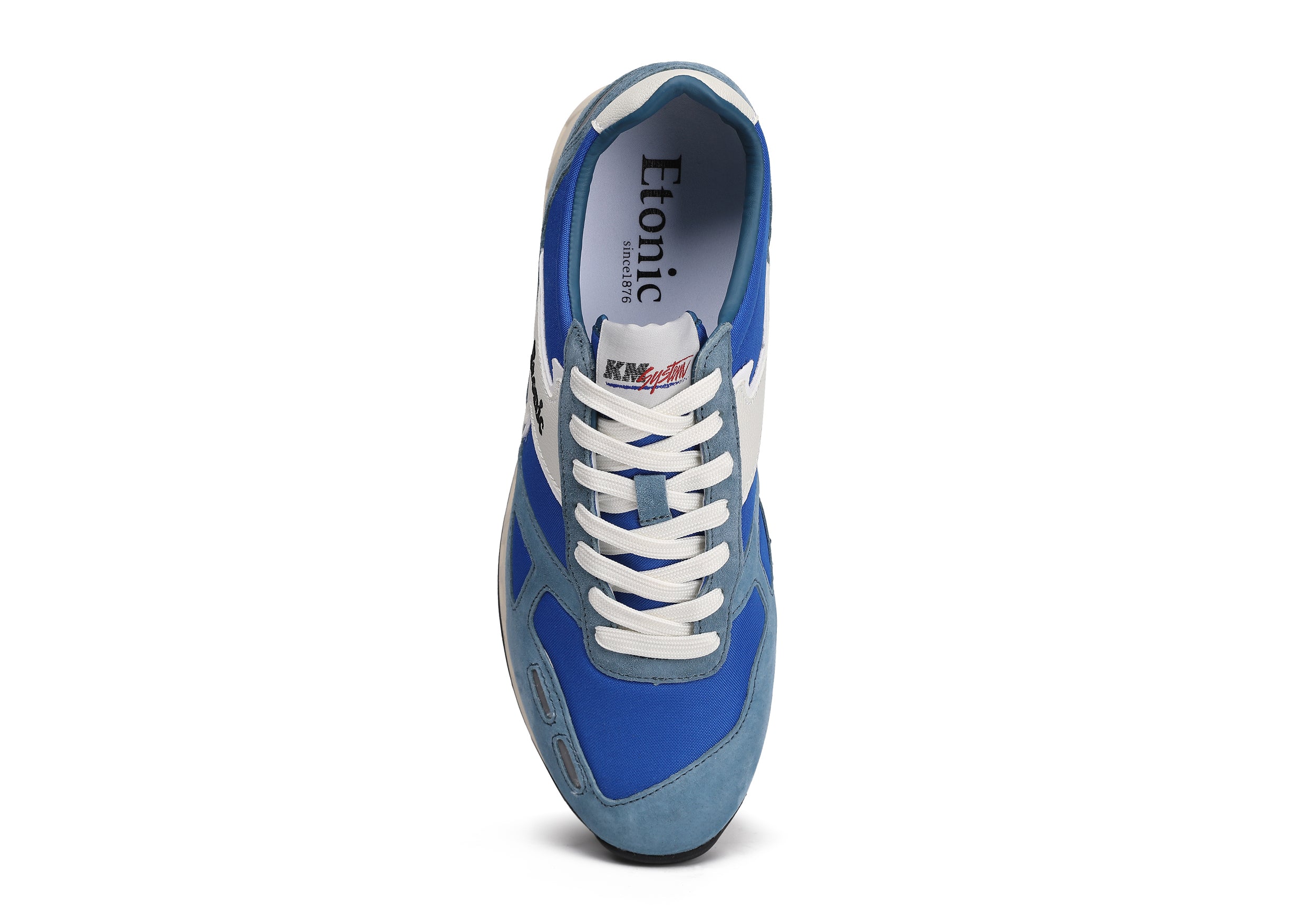 Runners Etonic PR538 in suede blu ottanio, nylon blu elettrico e dettagli neri.