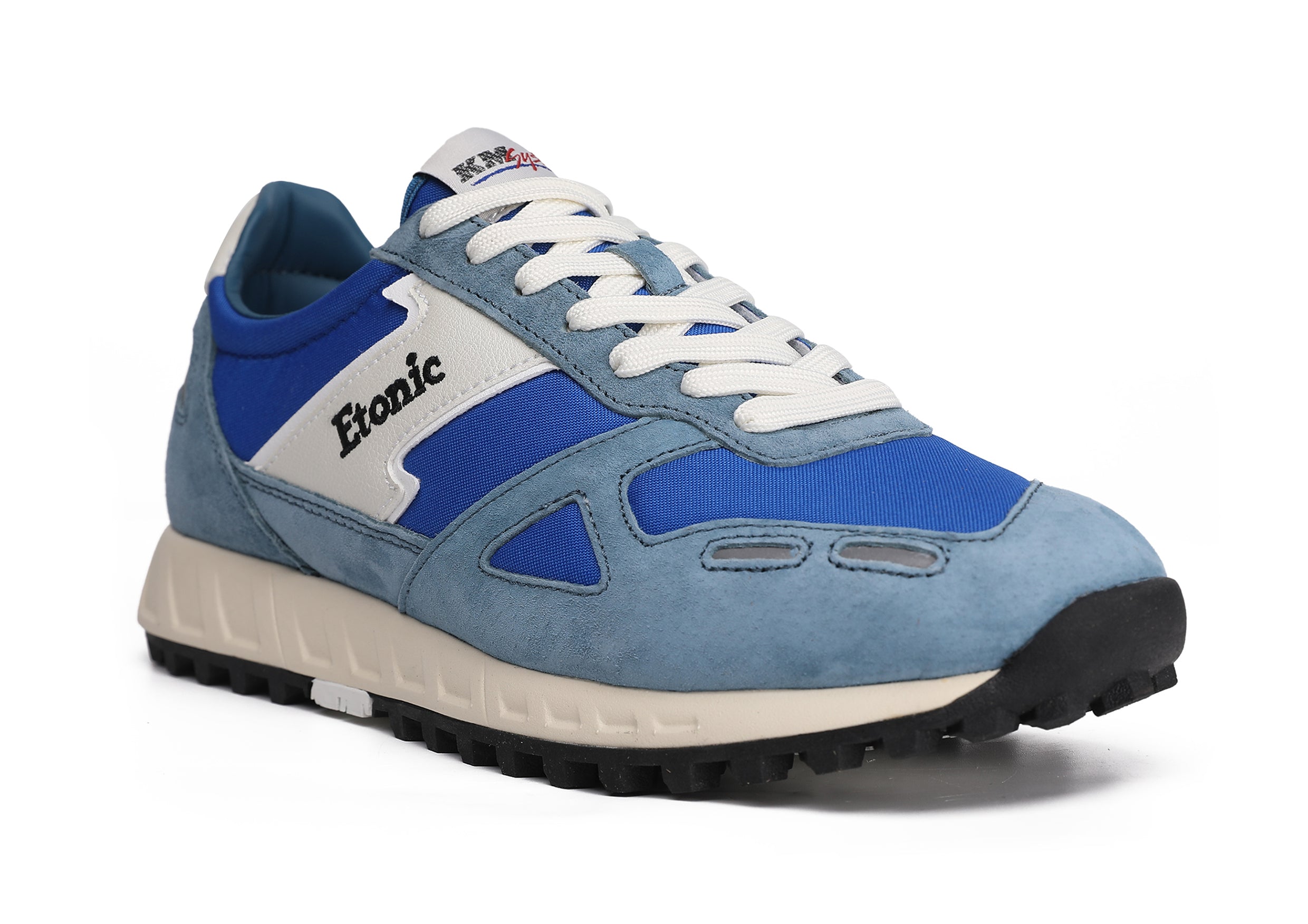 Runners Etonic PR538 in suede blu ottanio, nylon blu elettrico e dettagli neri.