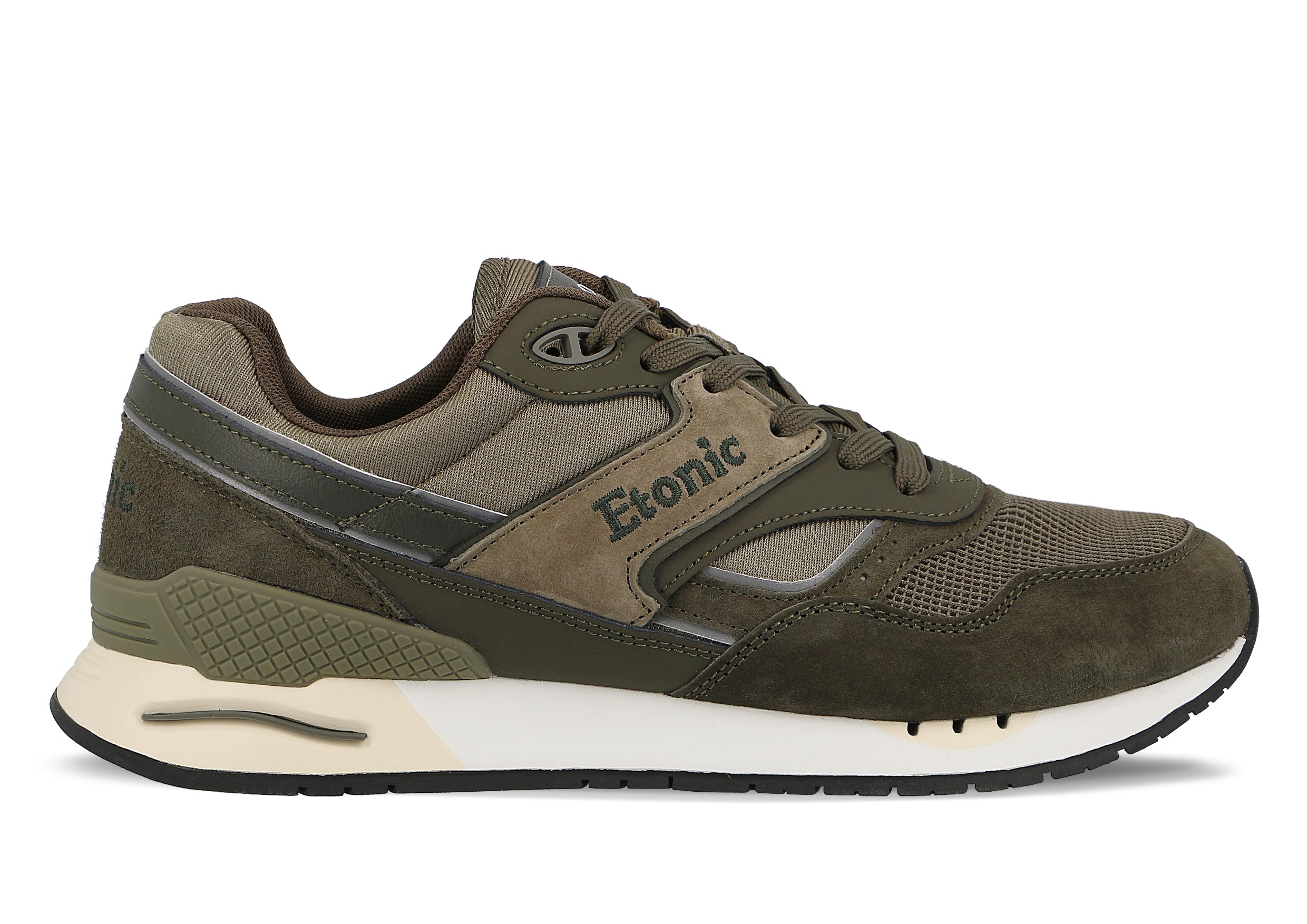 Sneakers Etonic Stable Base in tessuto a rete verde militare e pelle scamosciata verde militare con inserti in pelle tono su tono multistrato.