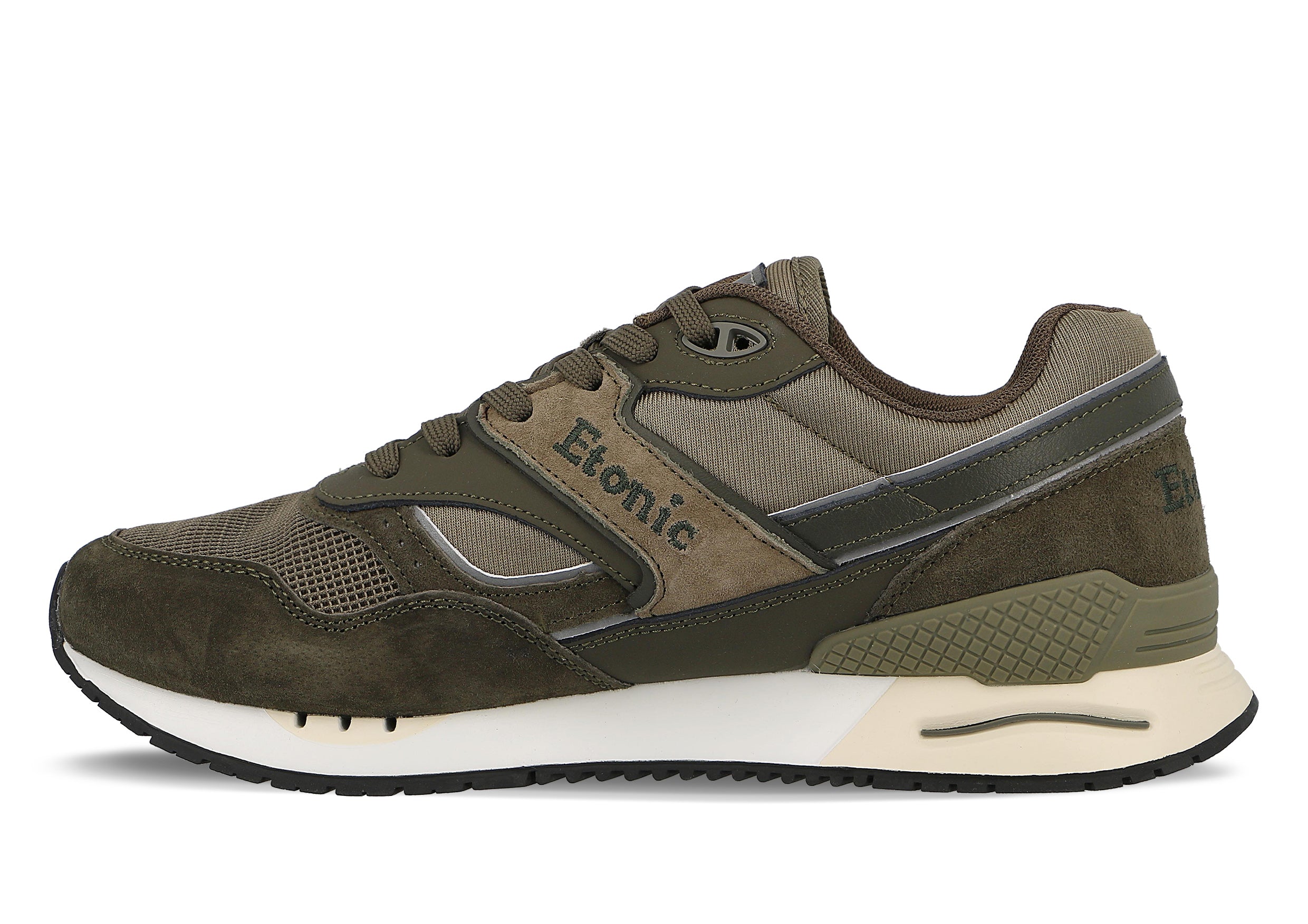 Sneakers Etonic Stable Base in tessuto a rete verde militare e pelle scamosciata verde militare con inserti in pelle tono su tono multistrato.