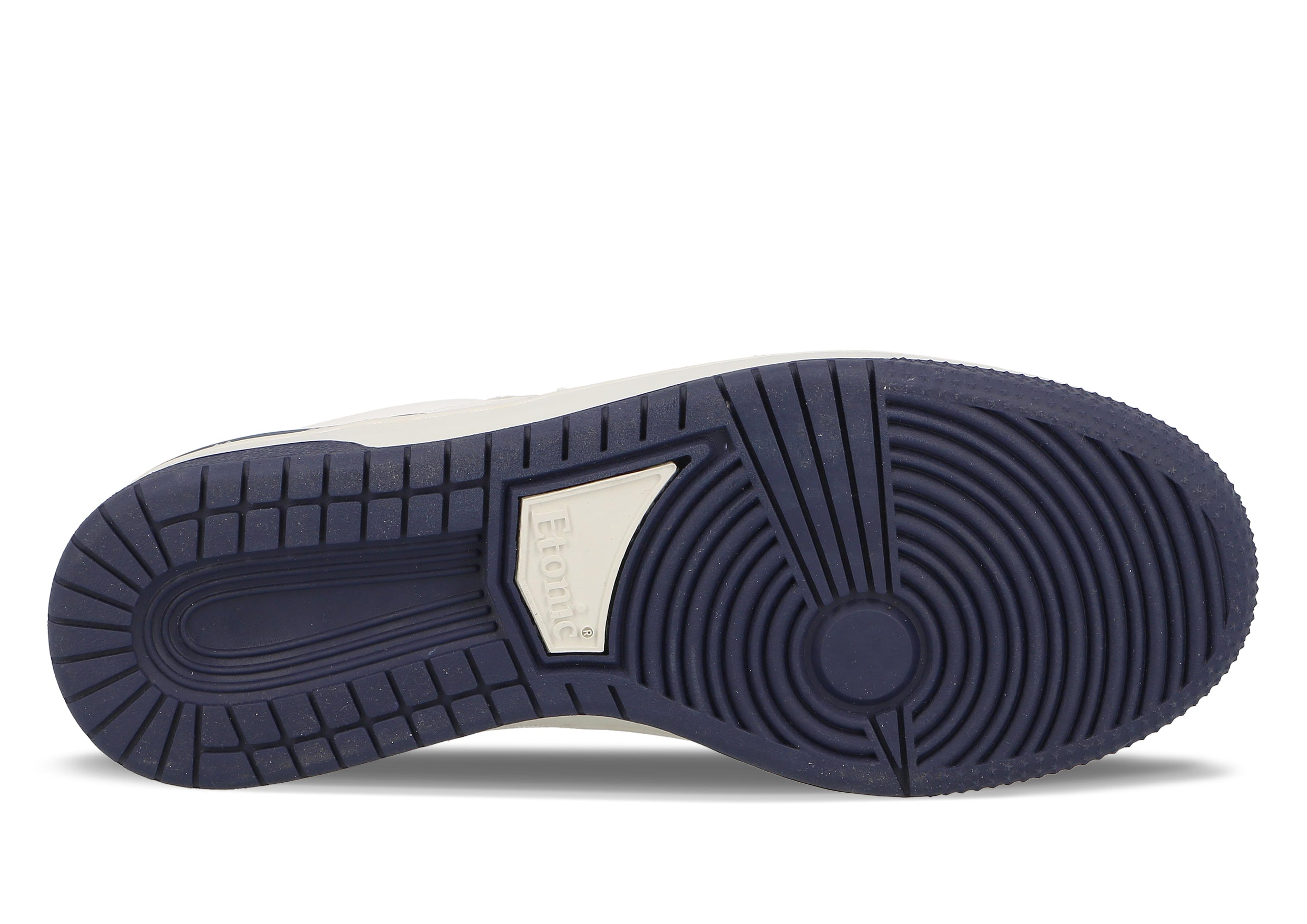 Baskets Etonic B481 en cuir suédé gris, bout en cuir blanc et semelle intermédiaire blanche avec semelle extérieure inférieure bleue.