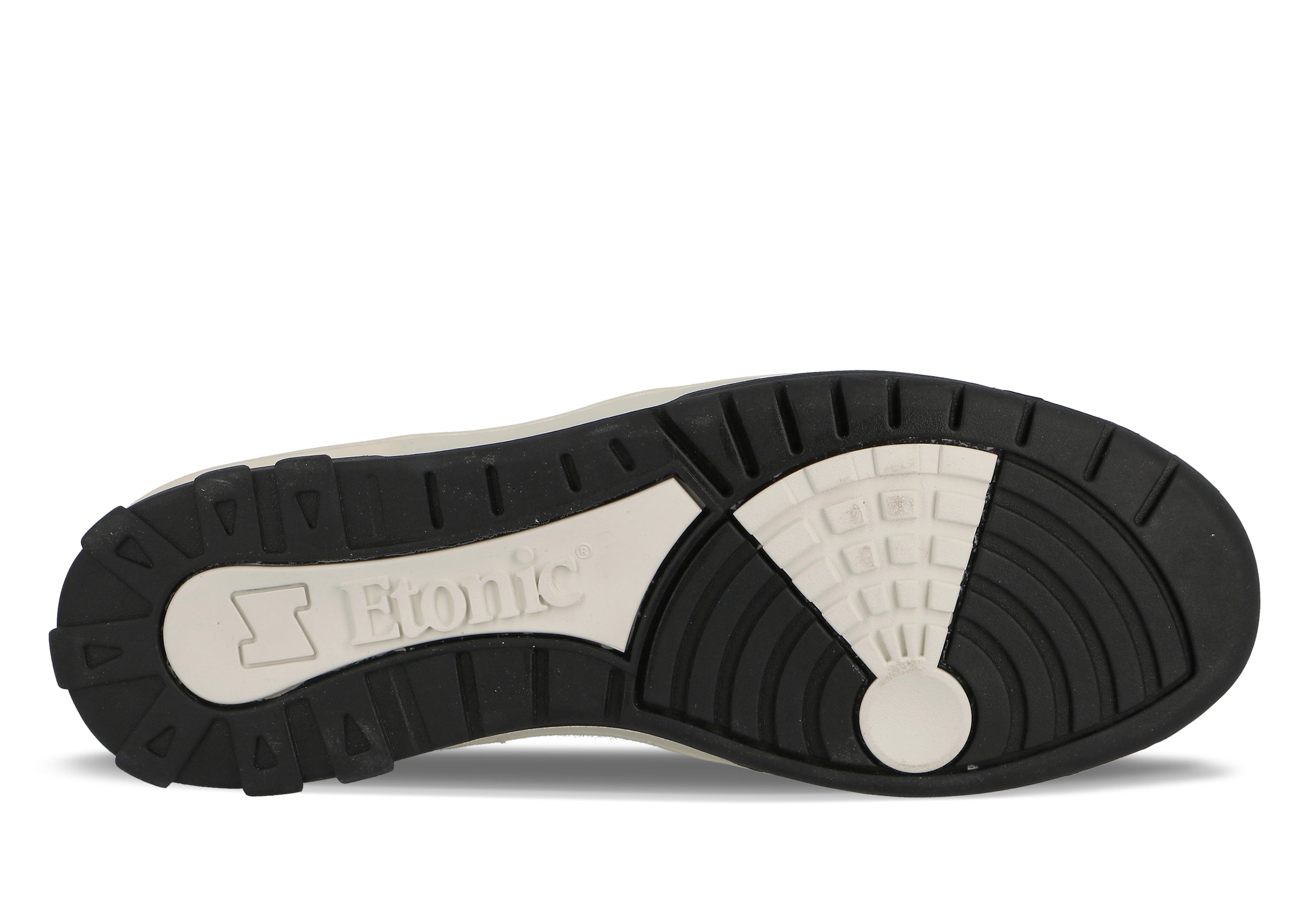Sneakers Etonic B583 in pelle bianca e dettagli neri con intersuola bianco sporco e suola inferiore nera.