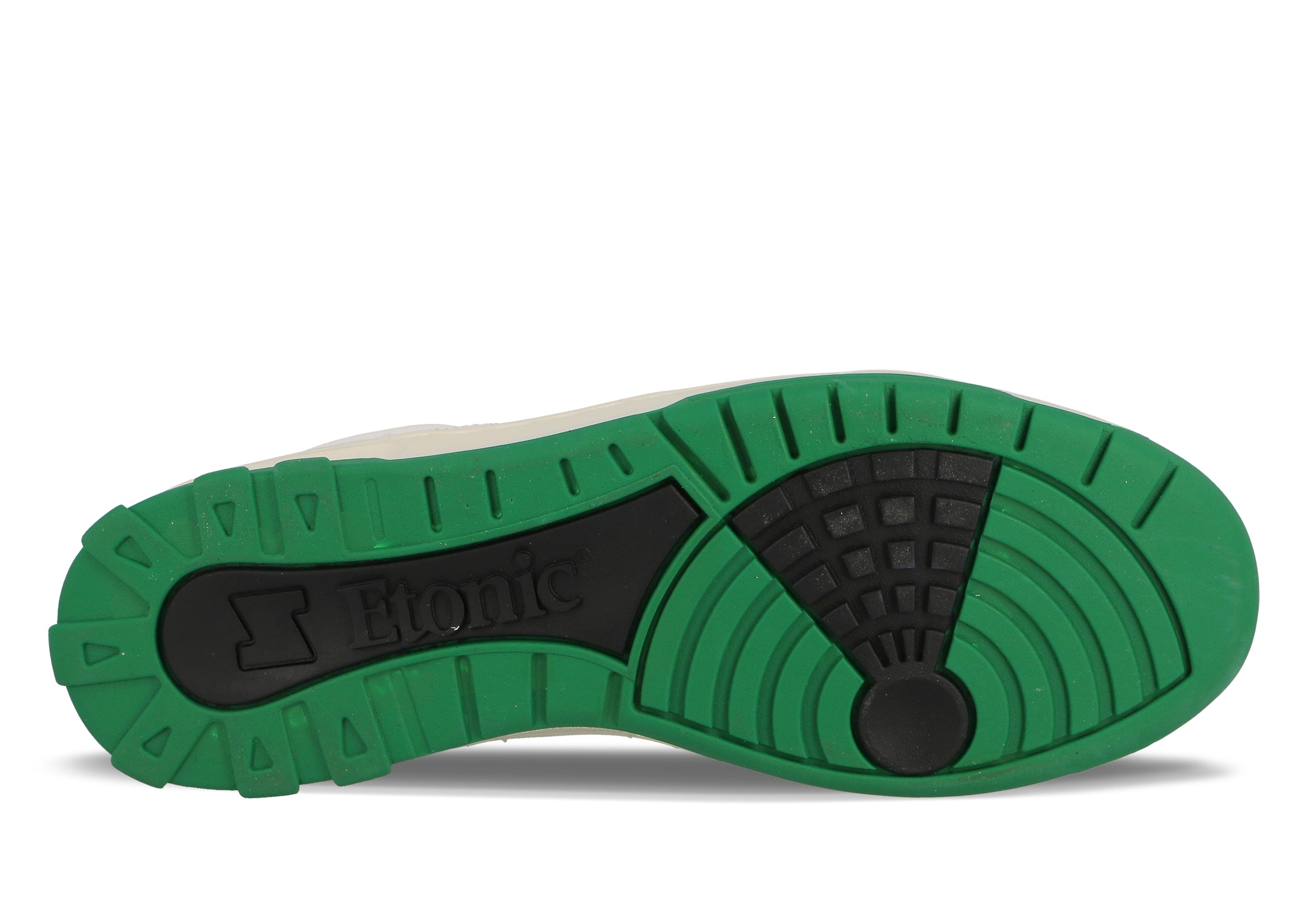 Sneakers Etonic B583 in pelle bianca e dettagli verdi con intersuola bianco sporco e suola inferiore verde.