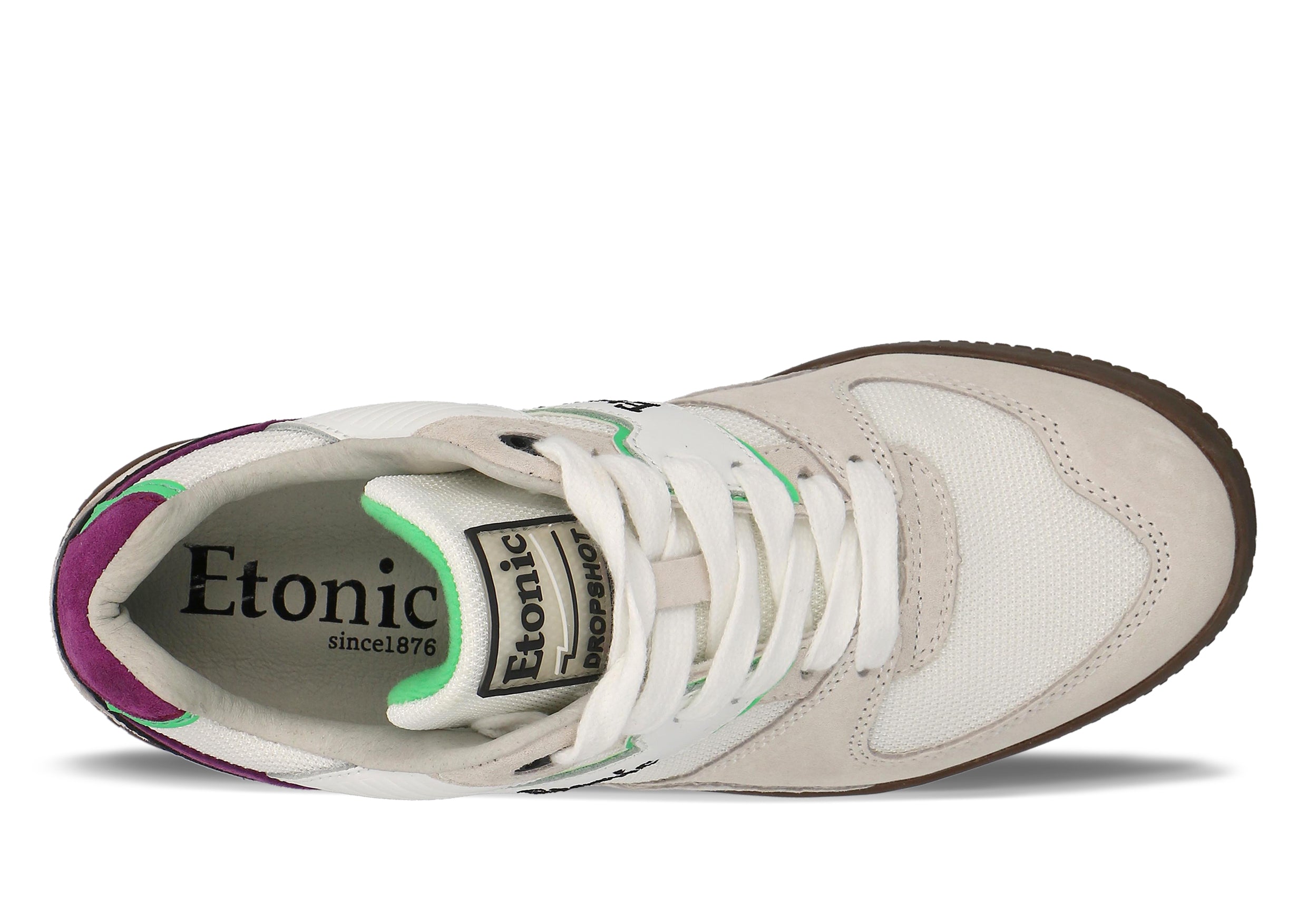 Sneakers DROPSHOT di Etonic in pelle scamosciata bianca, mesh bianco, dettagli verde lime e viola con suola color miele chiaro.