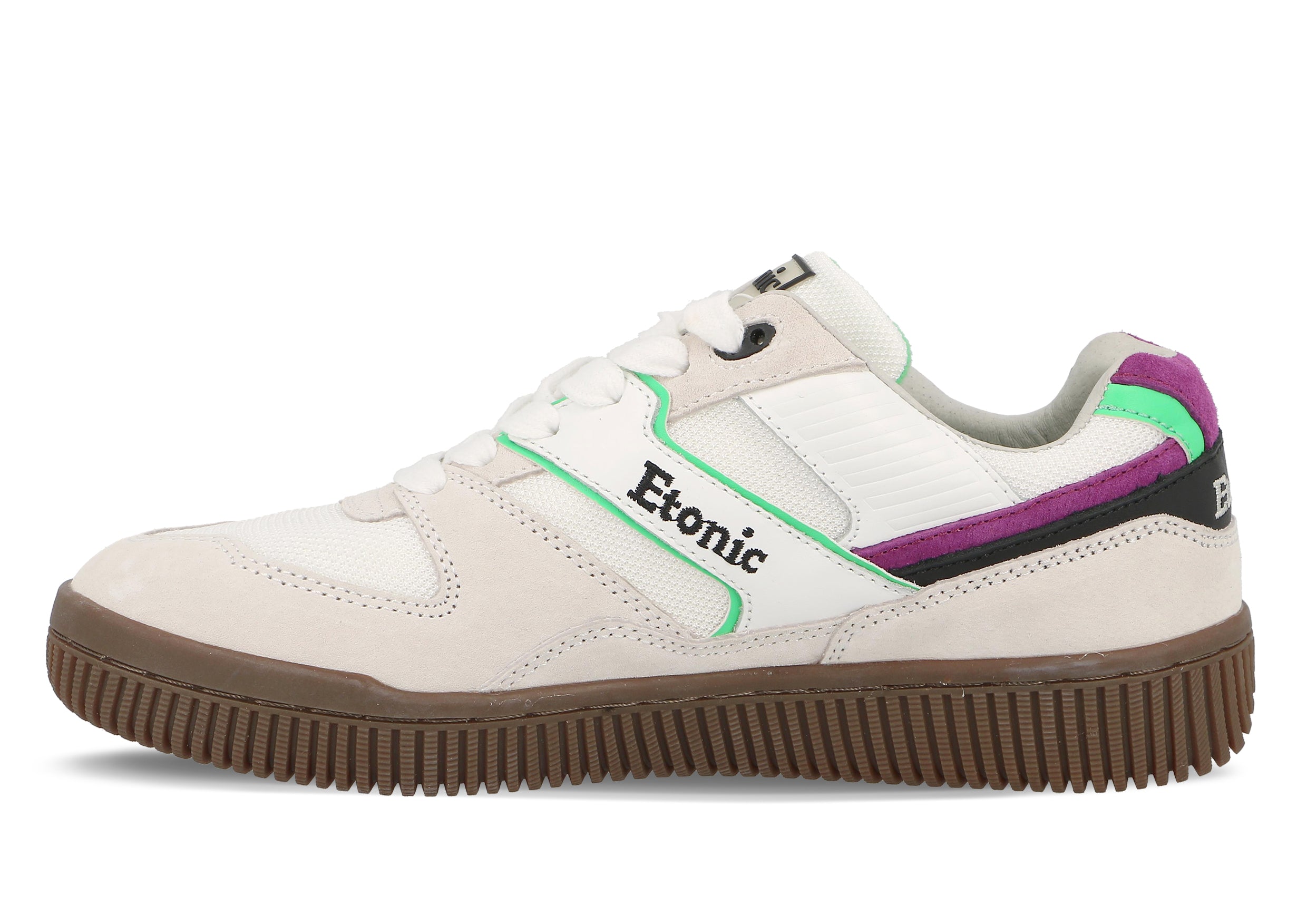 Sneakers DROPSHOT di Etonic in pelle scamosciata bianca, mesh bianco, dettagli verde lime e viola con suola color miele chiaro.
