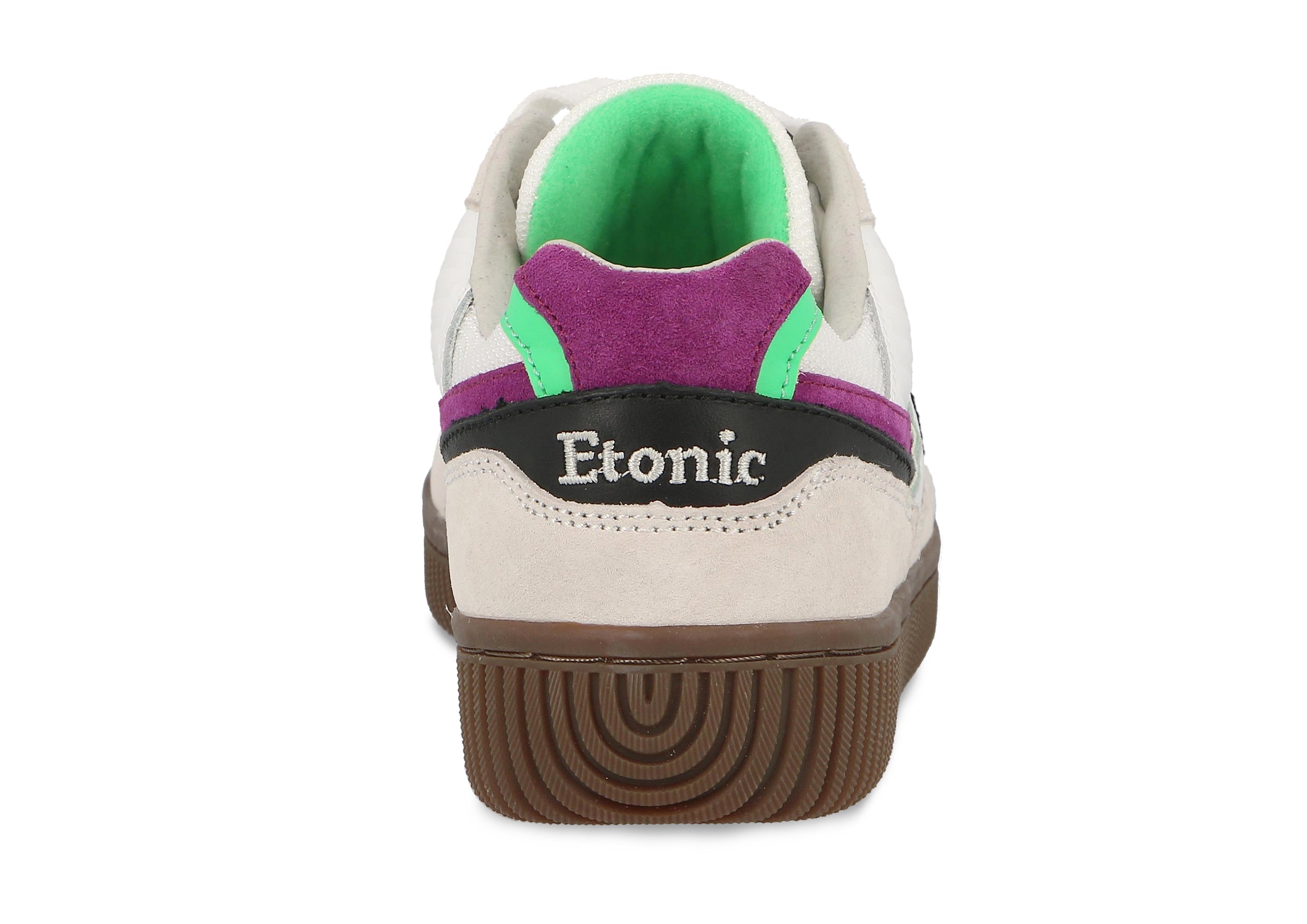 Sneakers DROPSHOT di Etonic in pelle scamosciata bianca, mesh bianco, dettagli verde lime e viola con suola color miele chiaro.