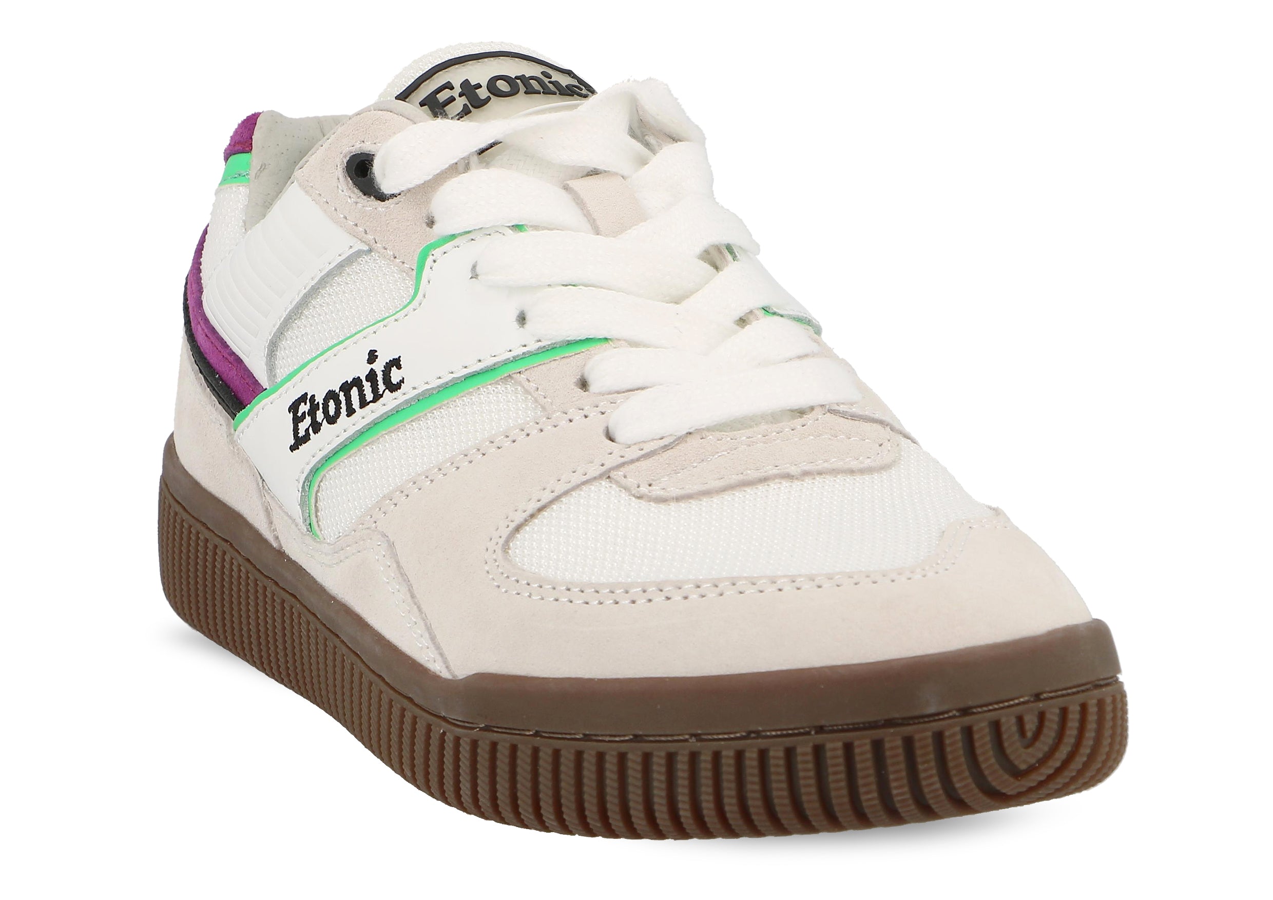 Sneakers DROPSHOT di Etonic in pelle scamosciata bianca, mesh bianco, dettagli verde lime e viola con suola color miele chiaro.
