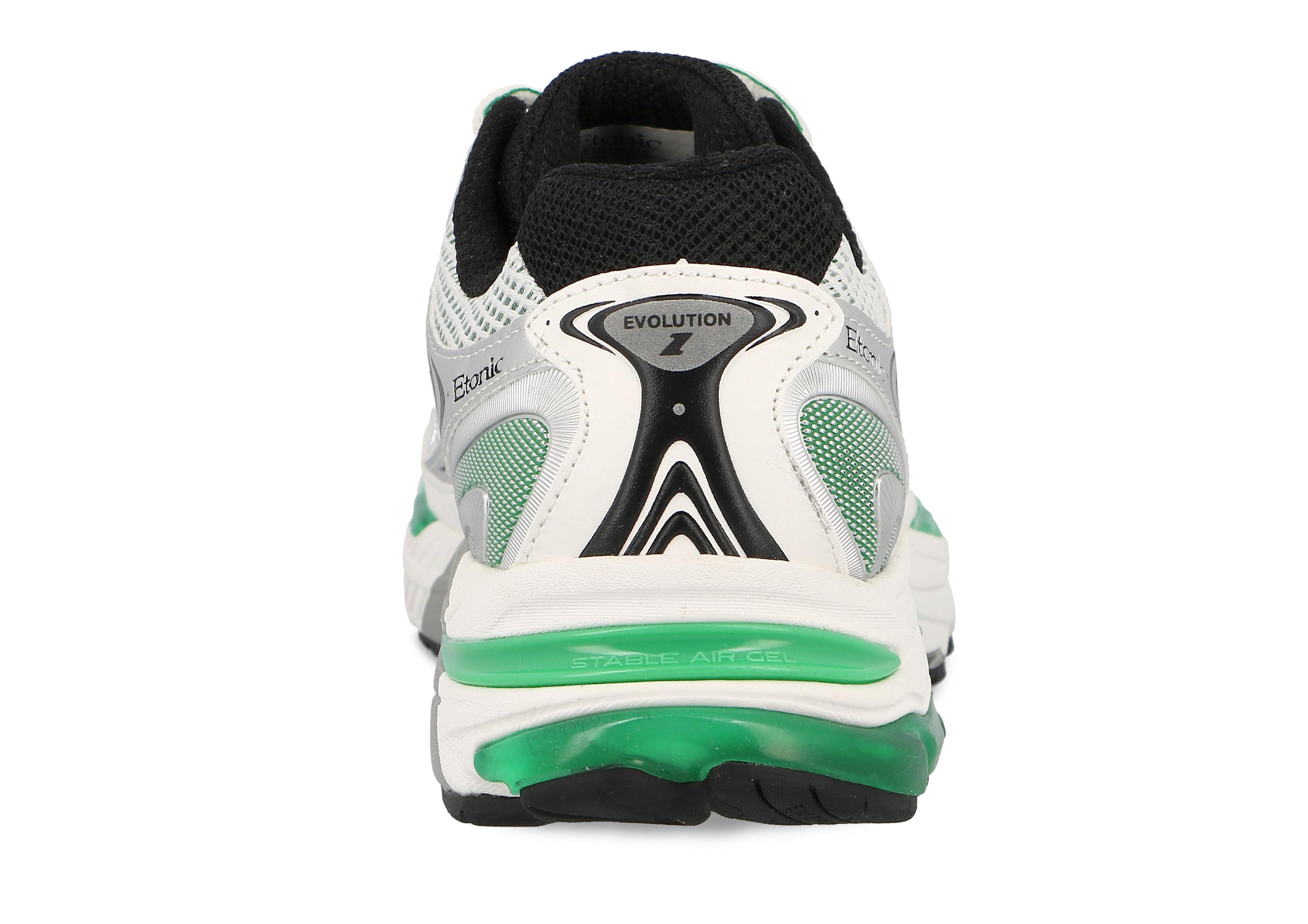 Etonic Evolution sneakers in black and white mesh fabric and white and silver eco-leather with green inserts and black lining.