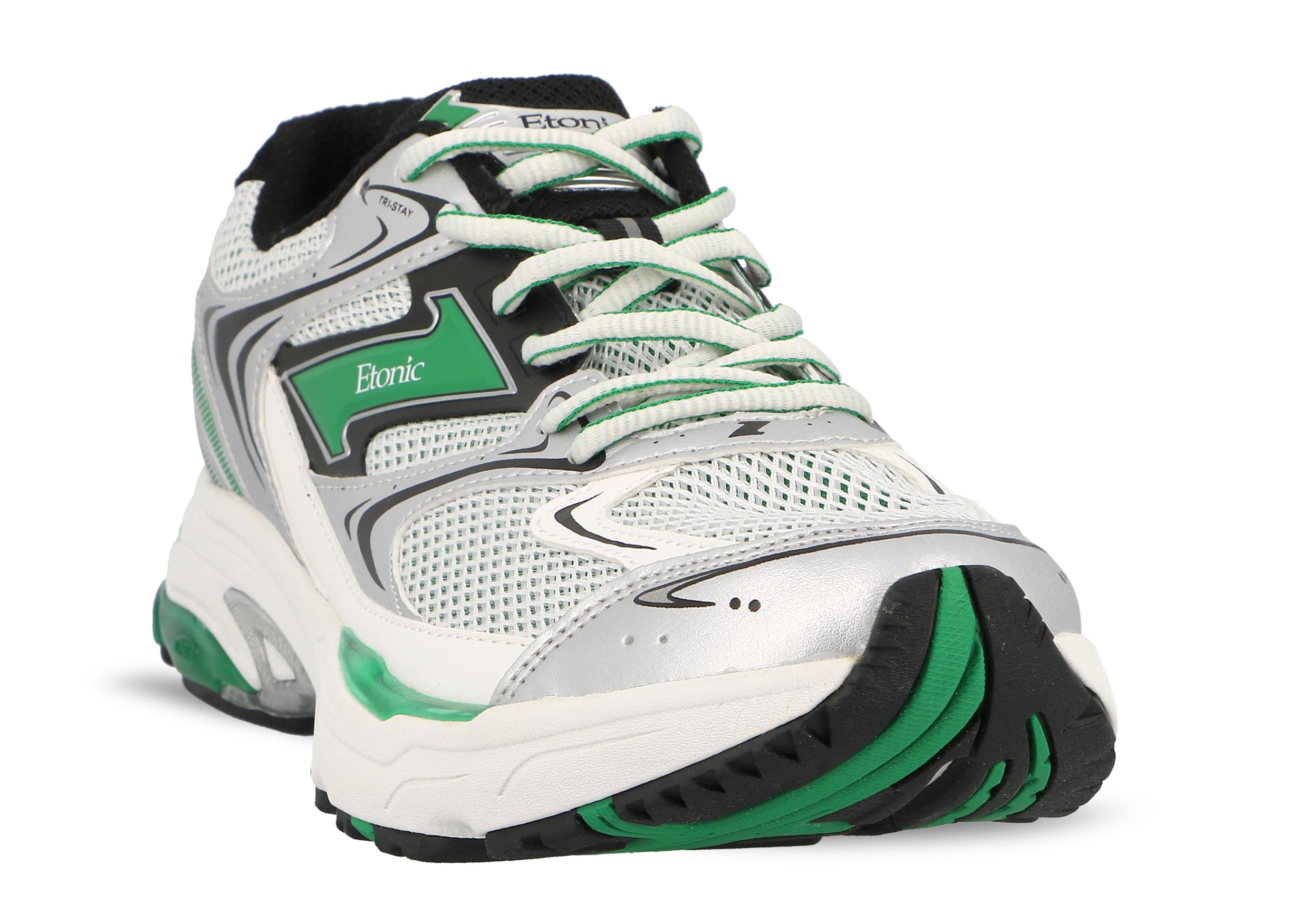 Etonic Evolution sneakers in black and white mesh fabric and white and silver eco-leather with green inserts and black lining.