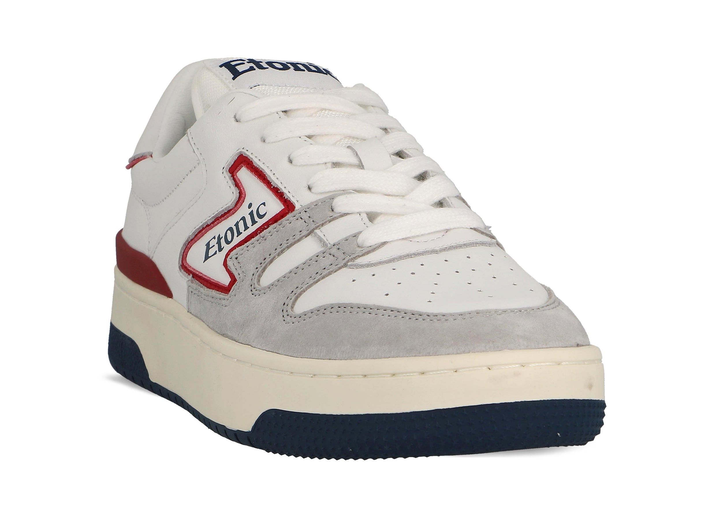 Sneakers Etonic B481 in pelle bianca e camoscio grigio chiaro con inserti e dettagli rosso scarlatto