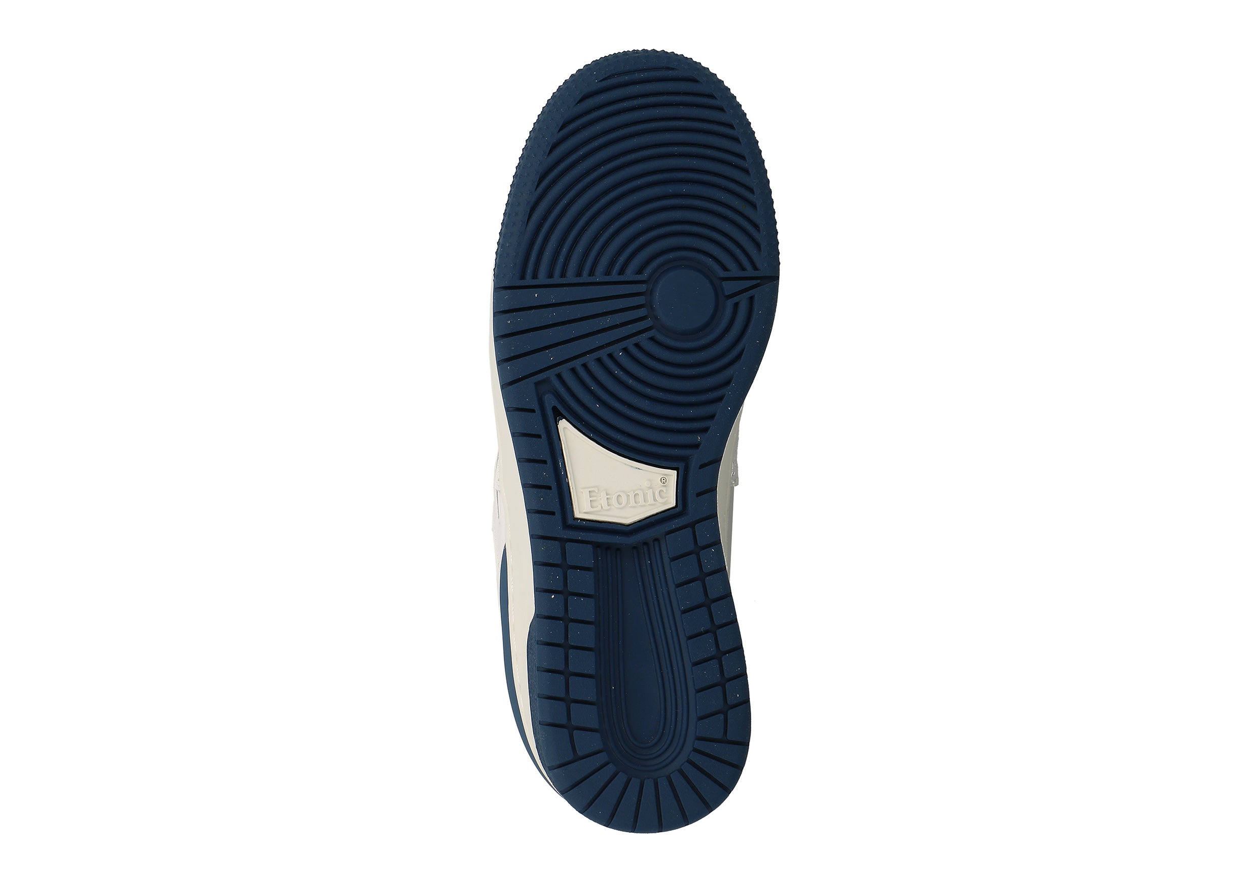 Baskets Etonic B481 en cuir blanc avec détails bleu marine, doublure verte et semelle intercalaire blanche avec semelle extérieure inférieure bleu marine.