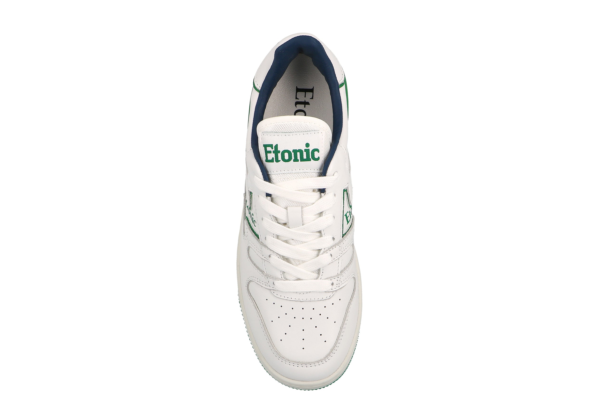 Sneakers Etonic B481 in pelle bianca con dettagli verdi e intersuola bianca con fondo suola verde.