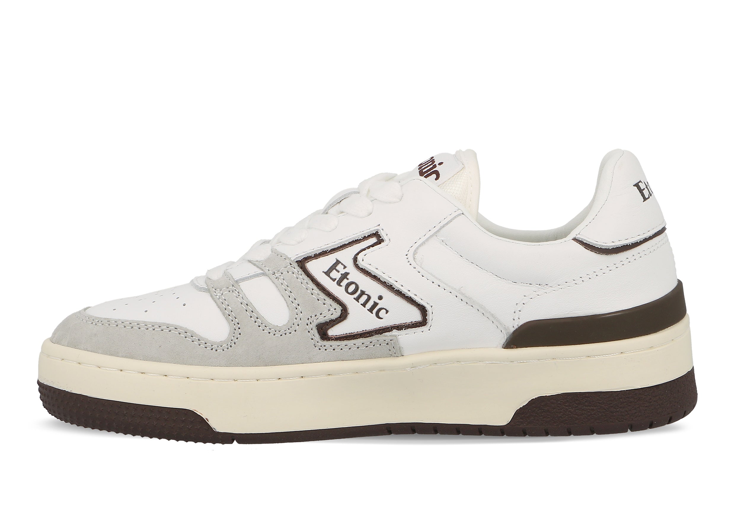 Sneakers Etonic B481 in pelle bianca e camoscio grigio chiaro con inserti e dettagli marroni.