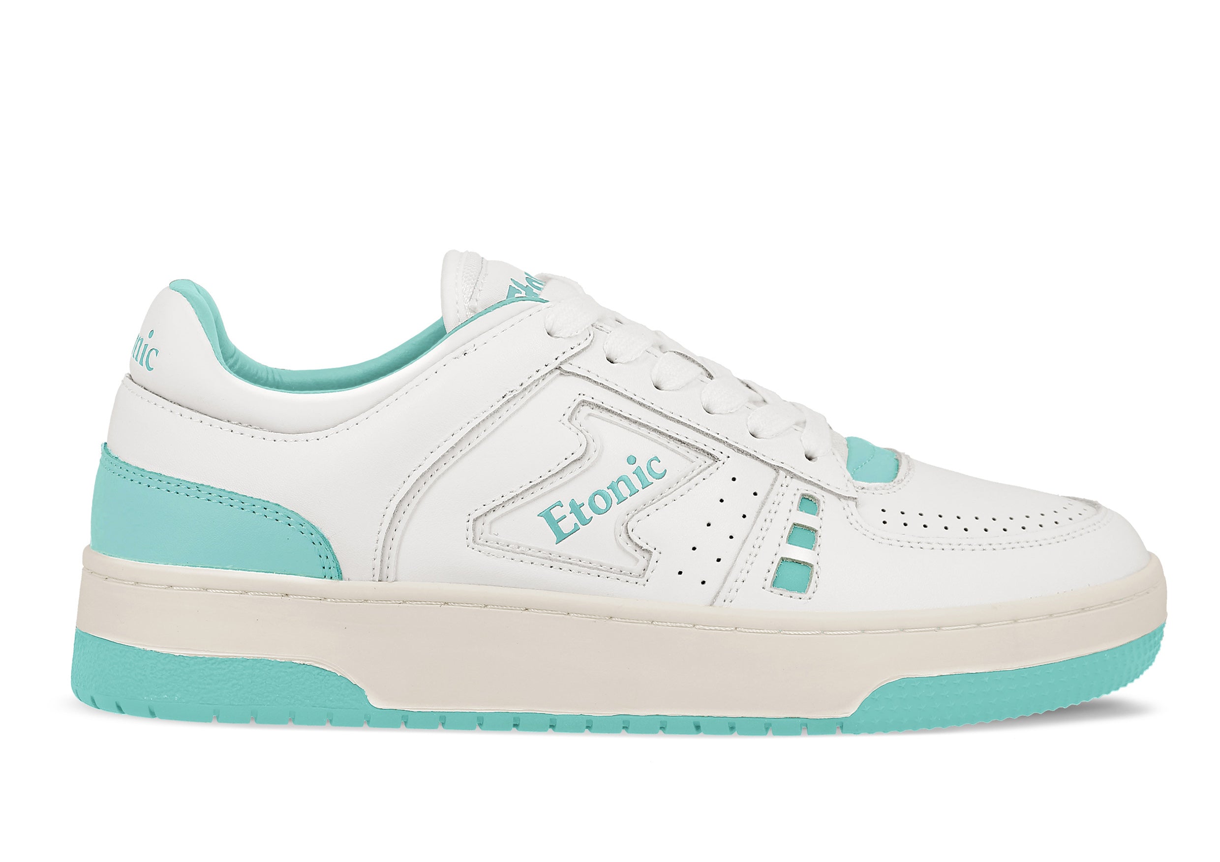 Baskets Etonic B509 en cuir blanc avec détails et empiècements turquoise.