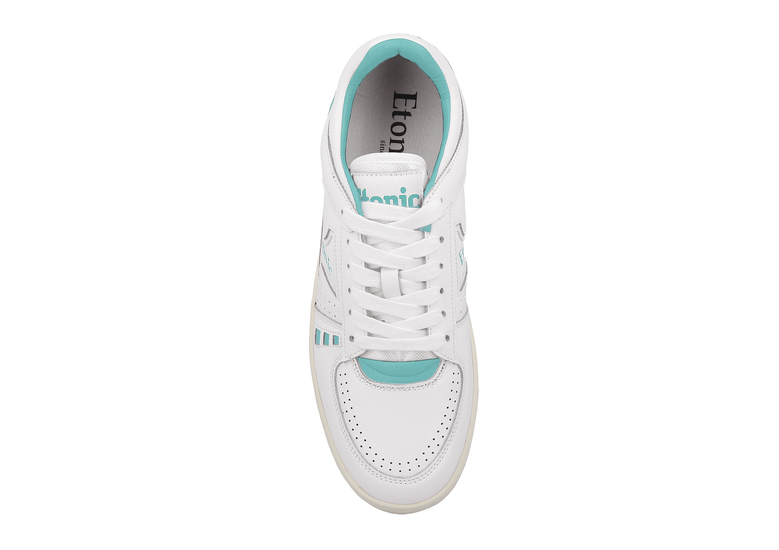 Baskets Etonic B509 en cuir blanc avec détails et empiècements turquoise.