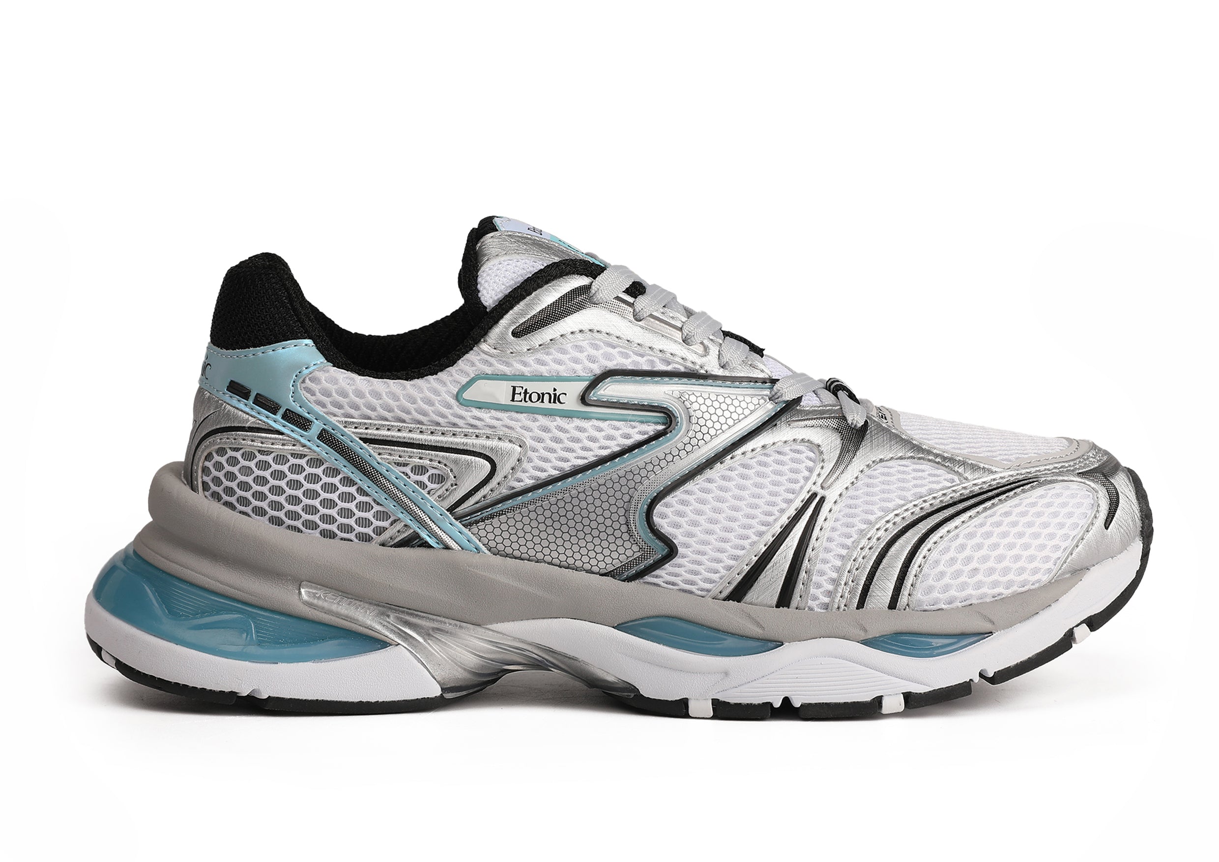 Etonic Kendari 3.0 sneakers in matte silver leather, white mesh and turquoise inserts and details.
