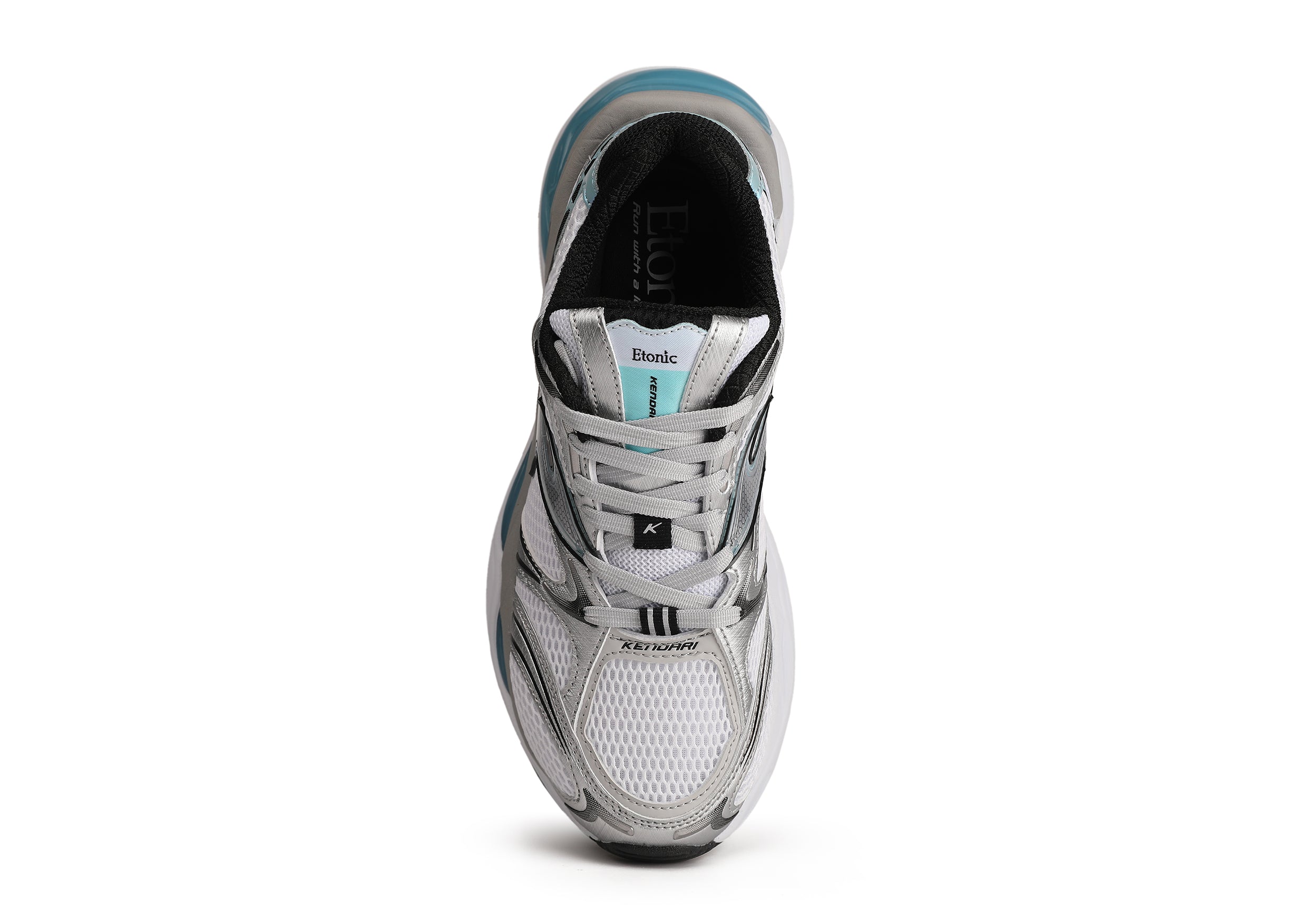 Etonic Kendari 3.0 sneakers in matte silver leather, white mesh and turquoise inserts and details.