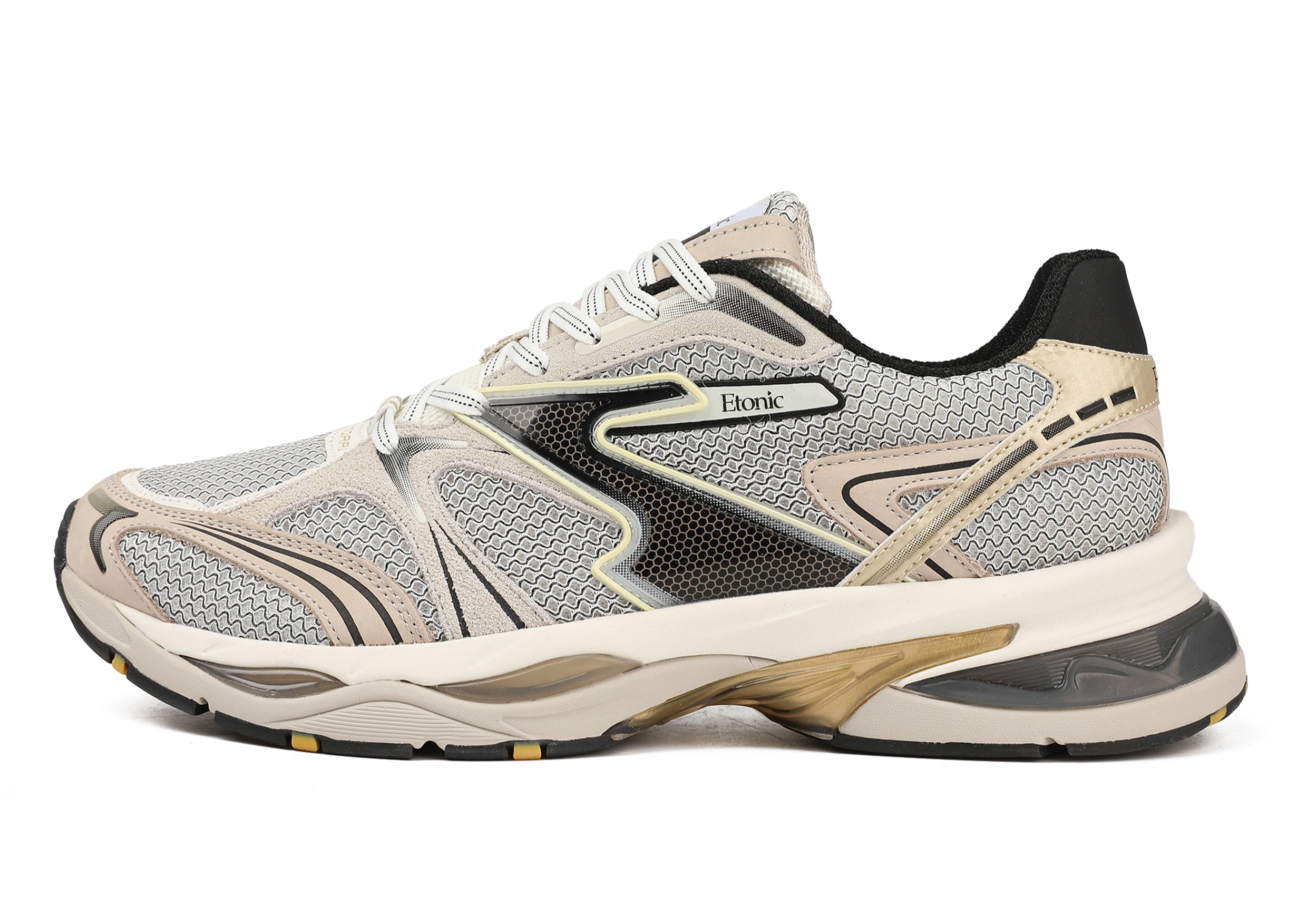 Etonic Kendari 3.0 sneakers in beige leather, off white mesh, matte gold inserts and black details.
