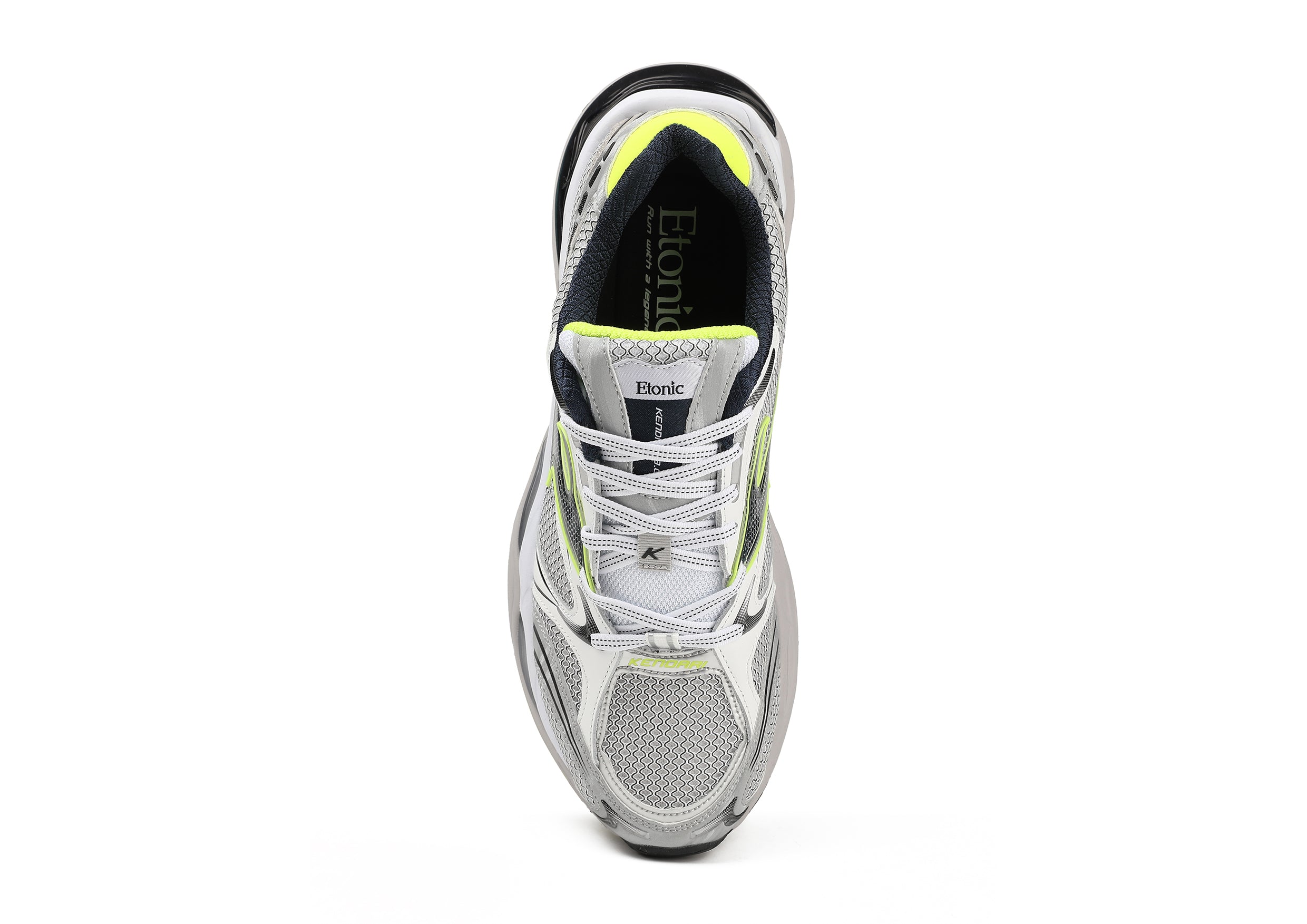 Etonic Kendari 3.0 sneakers in matte silver and white leather, light grey mesh, navy blue inserts and fluo yellow details.