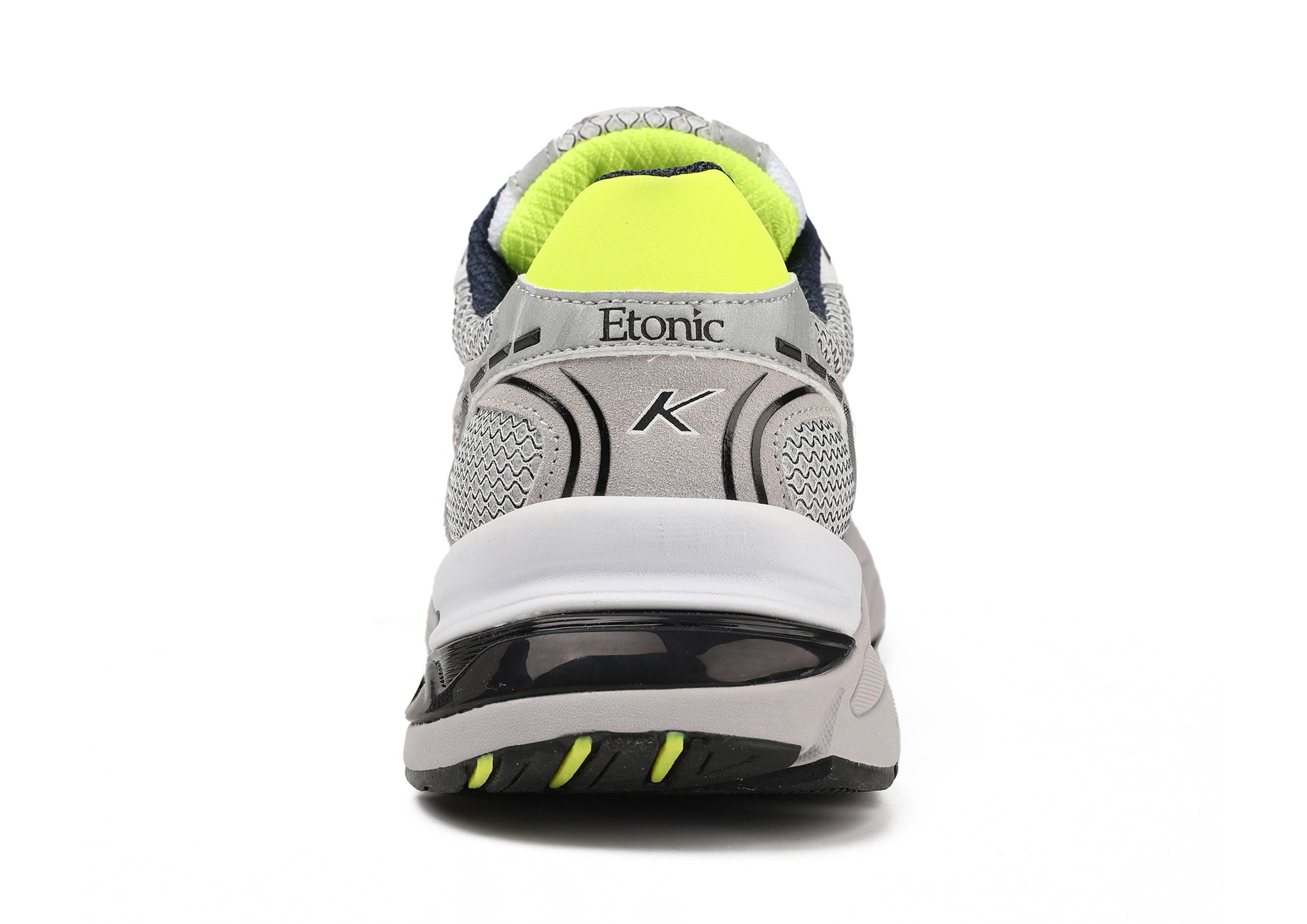 Etonic Kendari 3.0 sneakers in matte silver and white leather, light grey mesh, navy blue inserts and fluo yellow details.