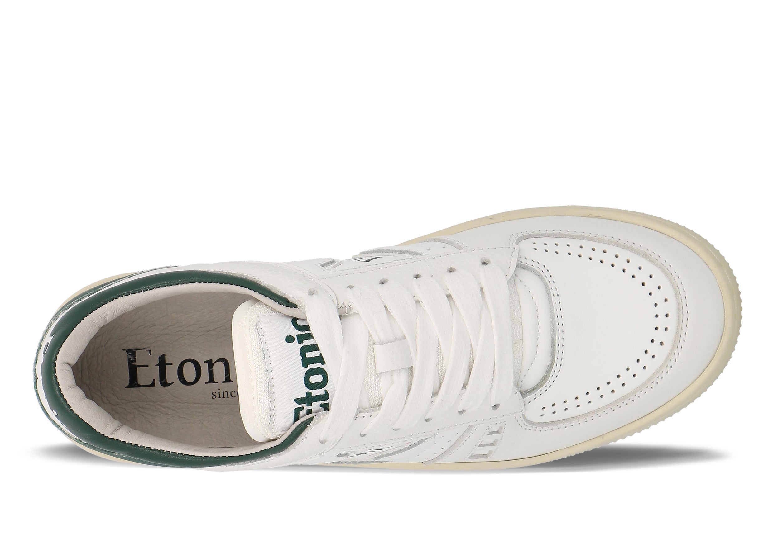 Sneakers Etonic B509 in pelle bianca con dettagli verde scuro e suola beige.