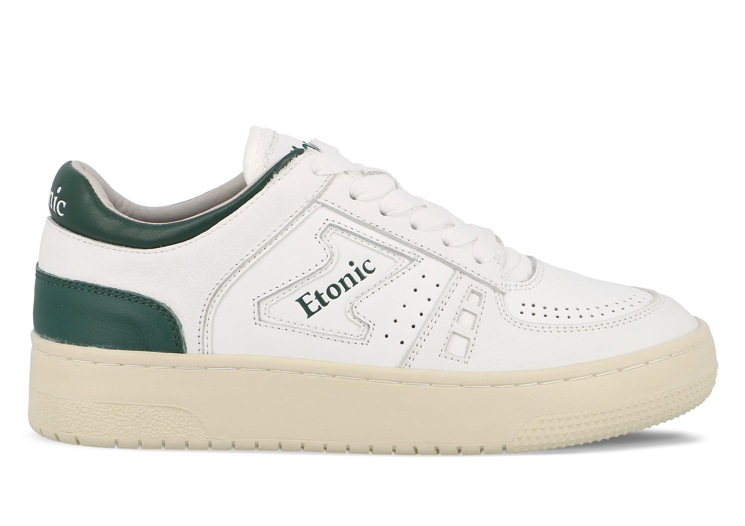 Sneakers Etonic B509 in pelle bianca con dettagli verde scuro e suola beige.