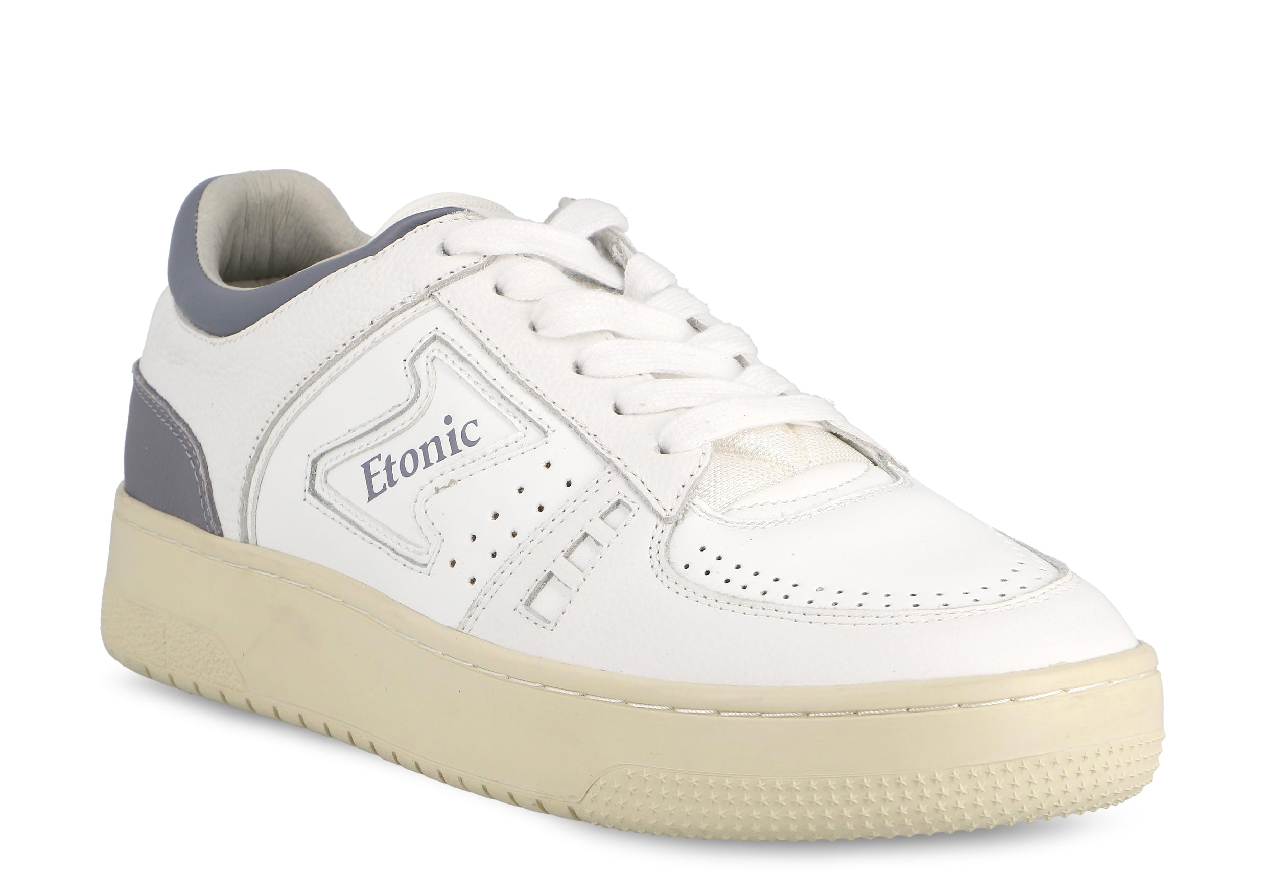 Sneakers Etonic B509 in pelle bianca con dettagli lilla scuro e suola beige.