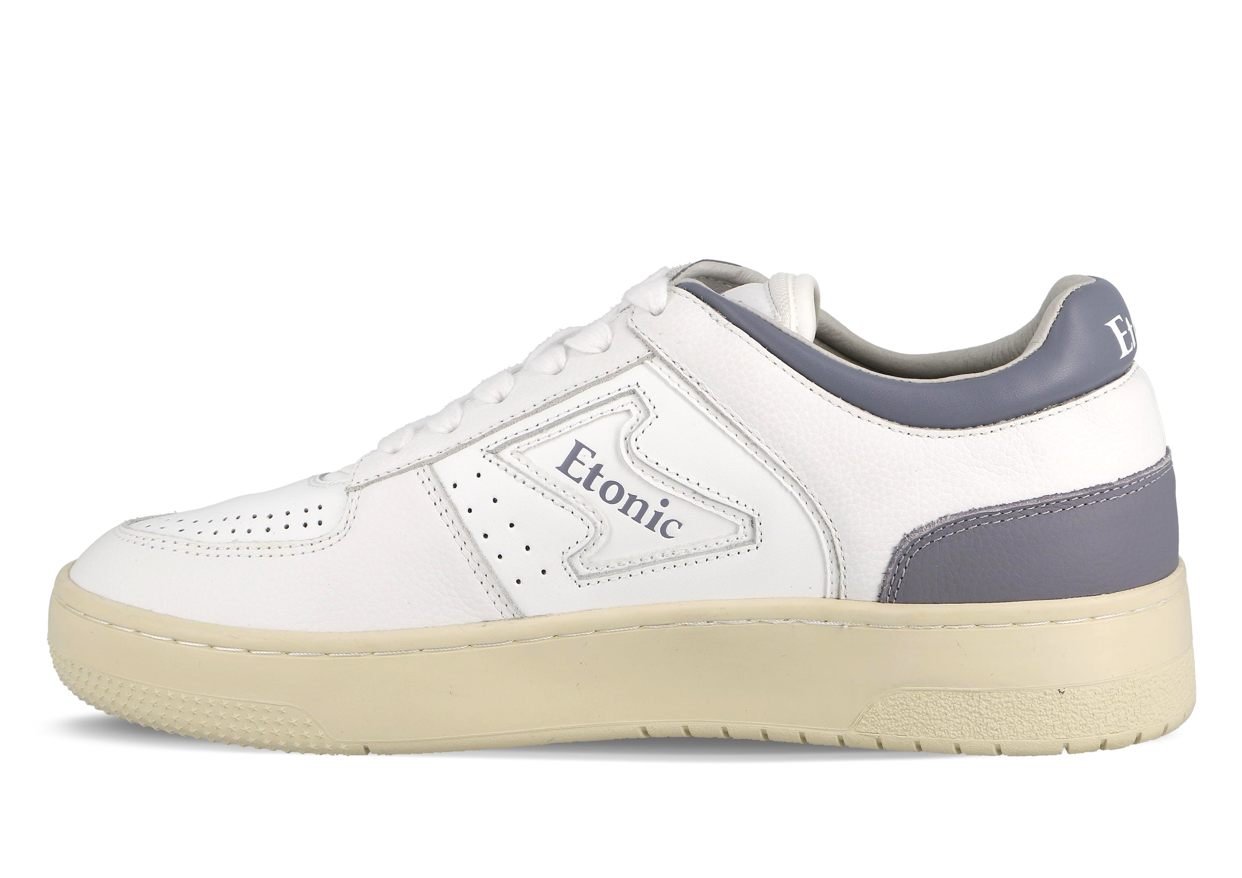 Sneakers Etonic B509 in pelle bianca con dettagli lilla scuro e suola beige.