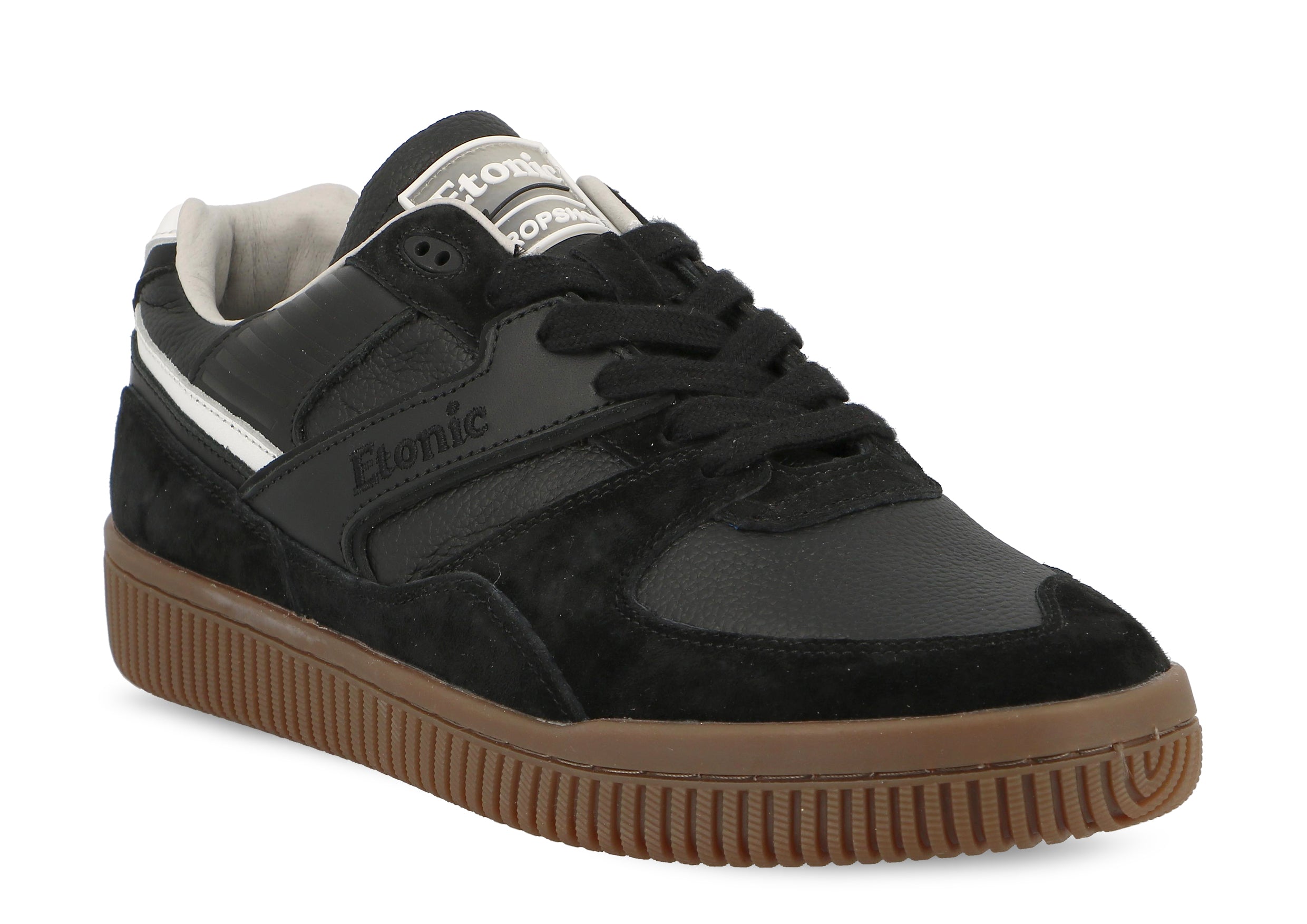 Sneakers Etonic DROPSHOT in pelle scamosciata nera, inserti in pelle nera e bianca e suola color miele chiaro.