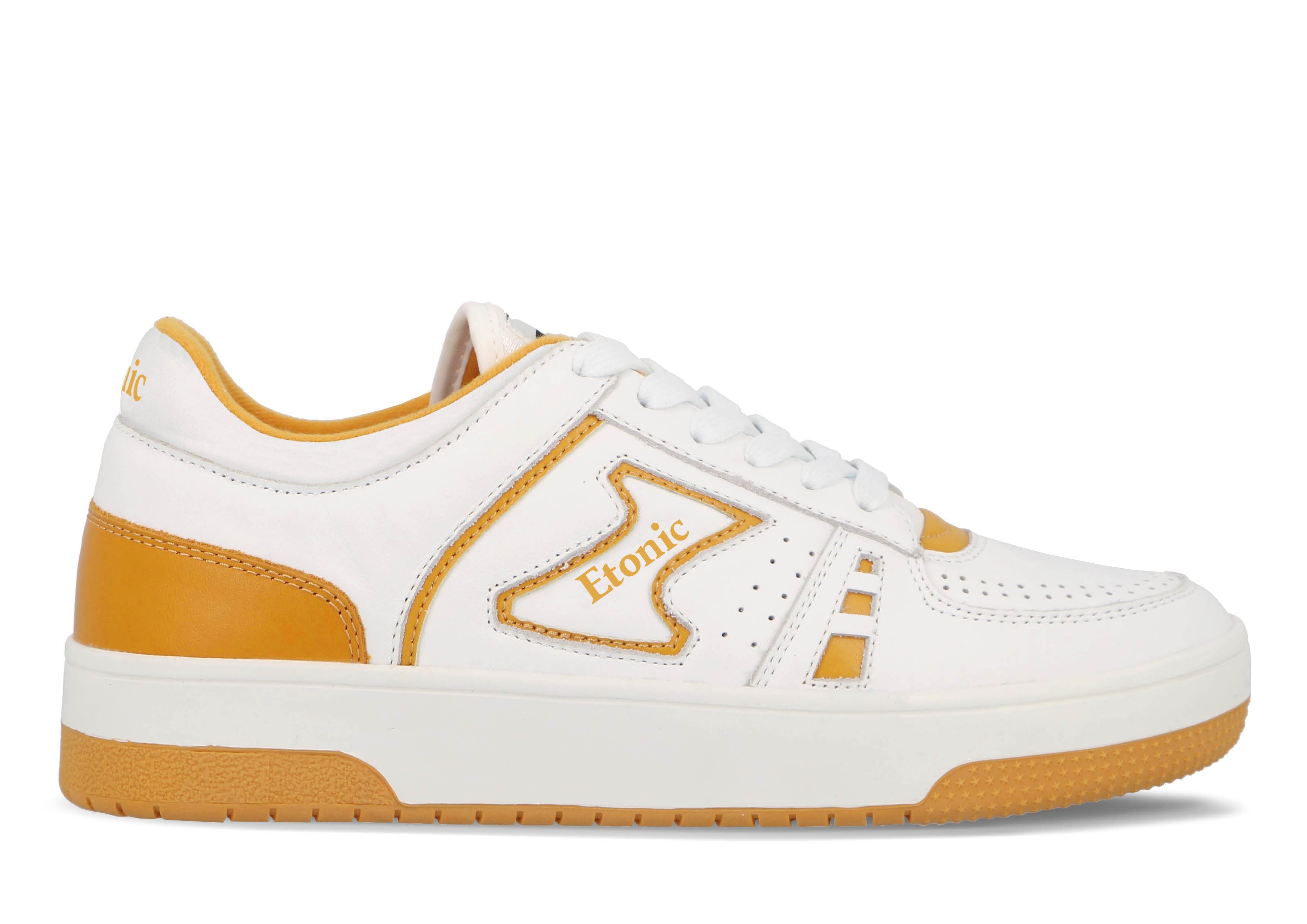 Baskets Etonic B509 en cuir blanc avec col en toile blanche et détails jaunes