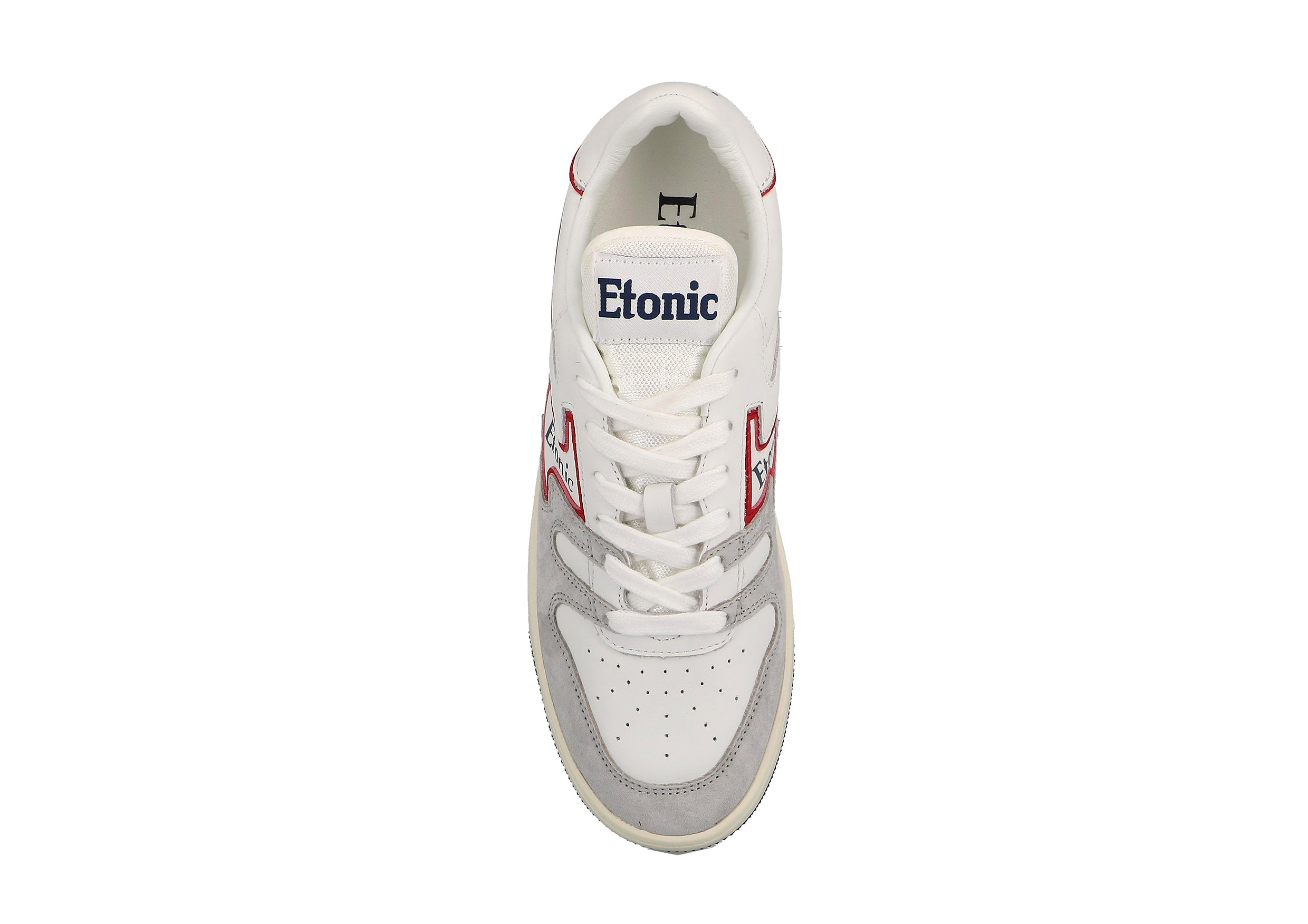 Sneakers Etonic B481 in pelle bianca e camoscio grigio chiaro con inserti e dettagli rosso scarlatto