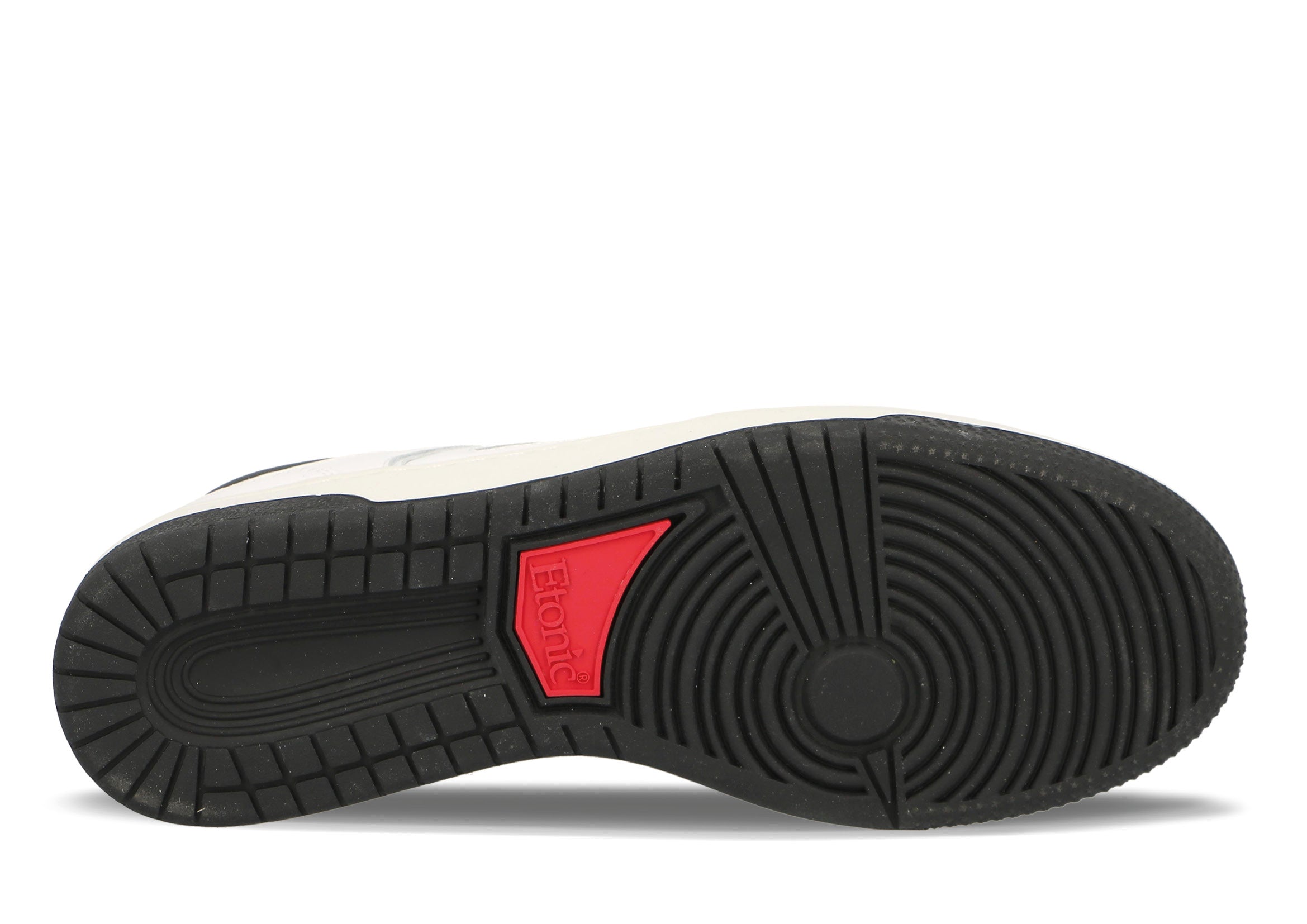 Sneakers Etonic B509 ispirate alla squadra di basket Chicago Bulls in pelle bianca con inserti e dettagli neri e rossi