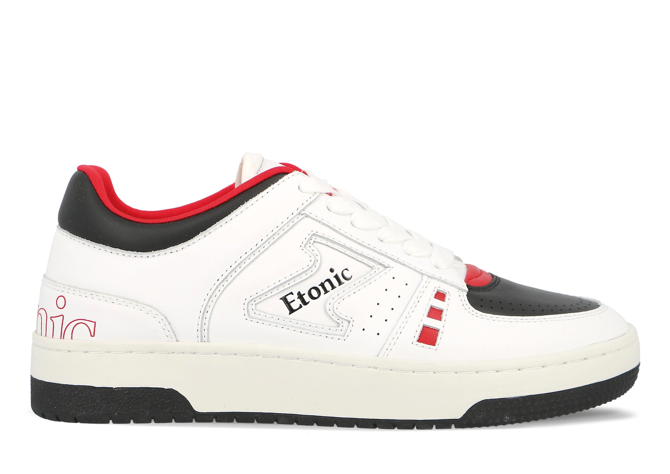 Sneakers Etonic B509 ispirate alla squadra di basket Chicago Bulls in pelle bianca con inserti e dettagli neri e rossi