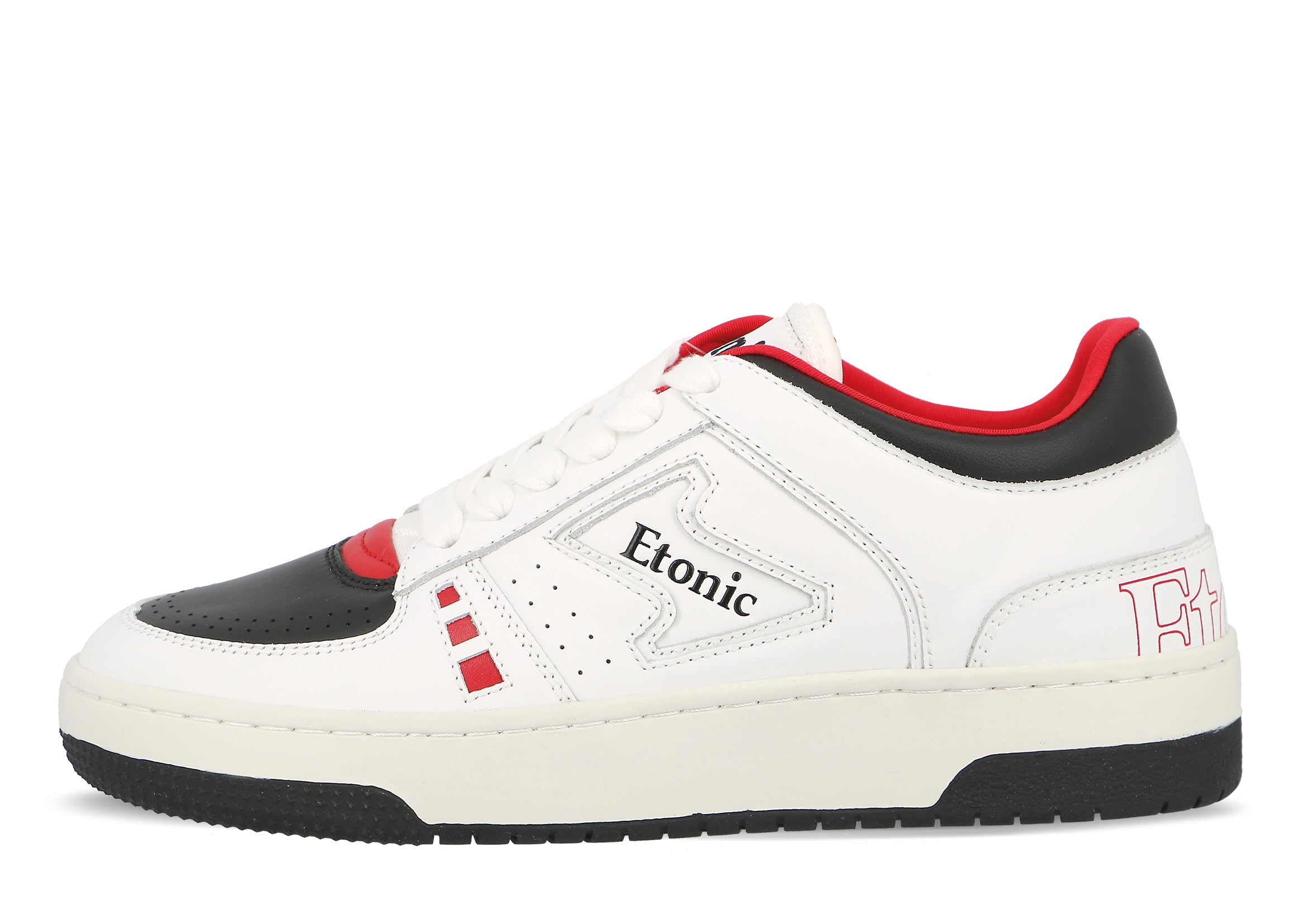 Sneakers Etonic B509 ispirate alla squadra di basket Chicago Bulls in pelle bianca con inserti e dettagli neri e rossi
