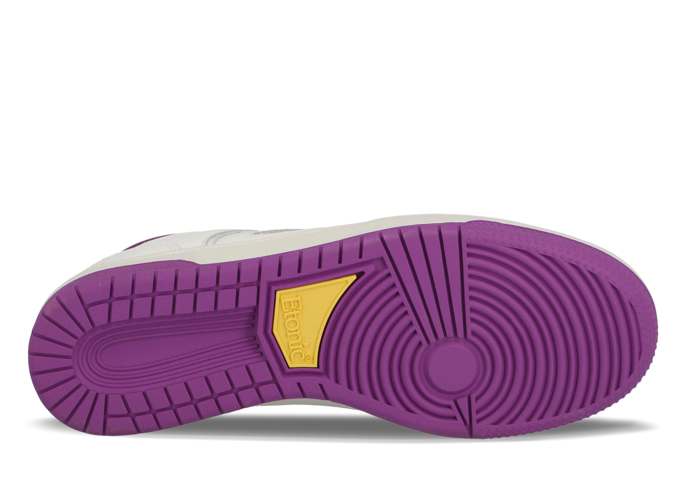 Sneakers Etonic B509 ispirate alla squadra di basket dei Los Angeles Lakers in pelle bianca con inserti e dettagli viola e gialli