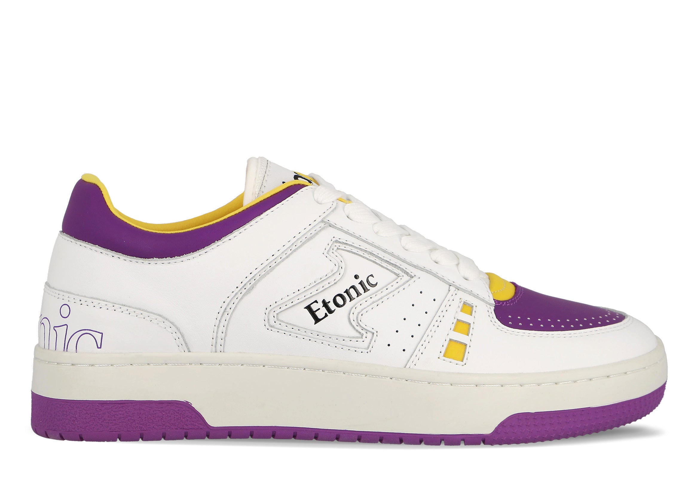 Sneakers Etonic B509 ispirate alla squadra di basket dei Los Angeles Lakers in pelle bianca con inserti e dettagli viola e gialli