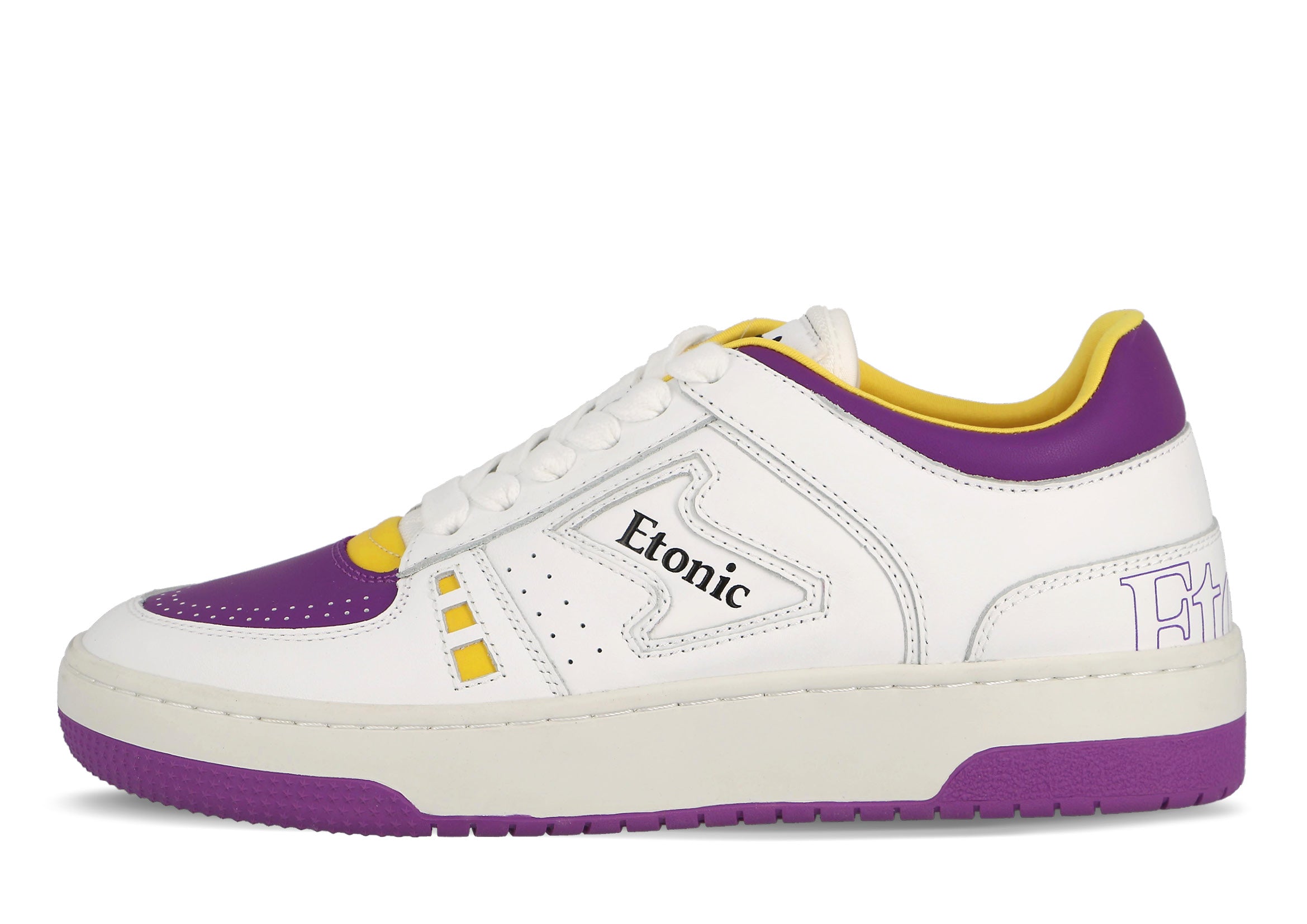 Sneakers Etonic B509 ispirate alla squadra di basket dei Los Angeles Lakers in pelle bianca con inserti e dettagli viola e gialli