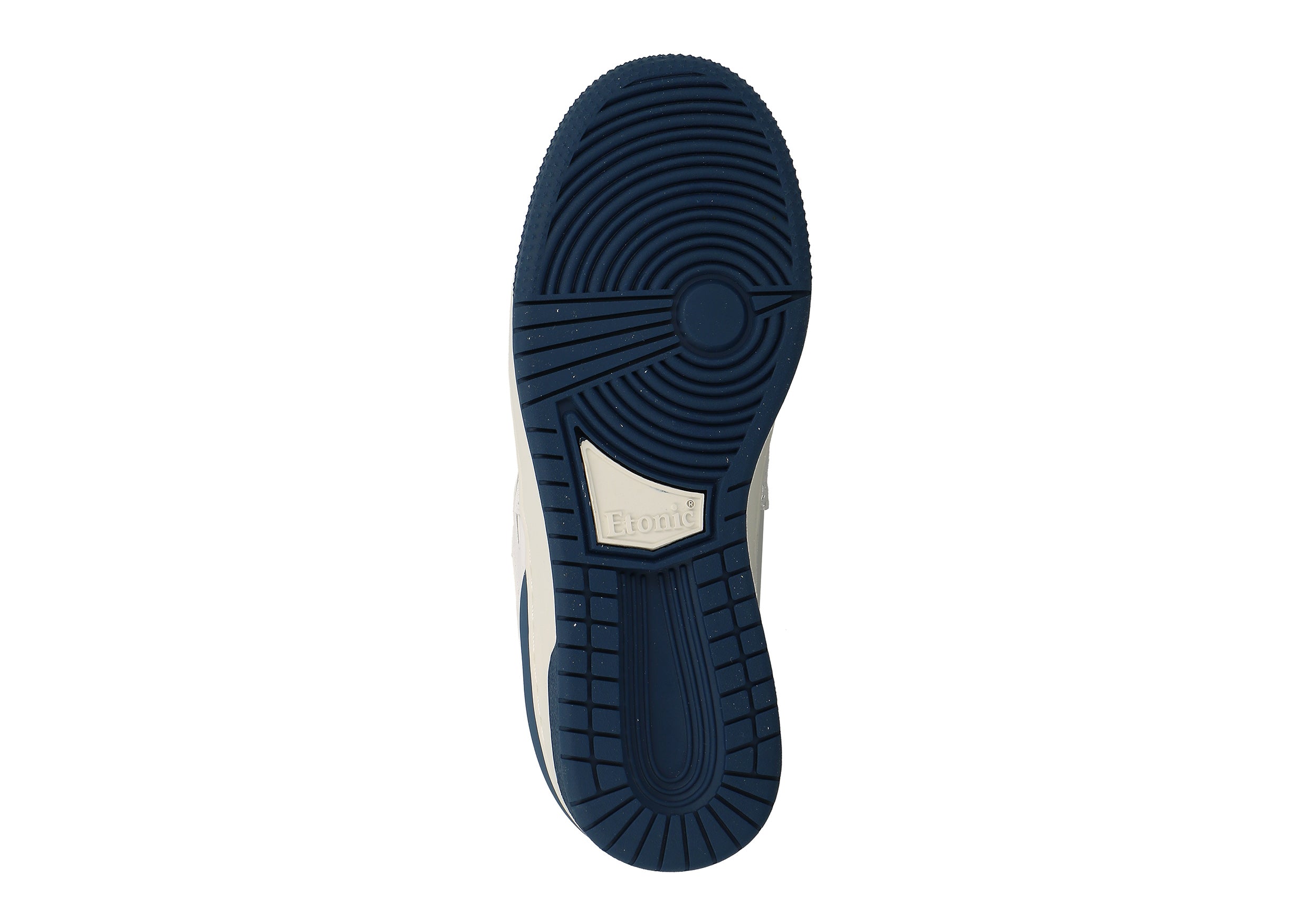 Sneakers Etonic B481 in pelle bianca con dettagli blu navy, fodera verde e intersuola bianca con suola inferiore blu navy.